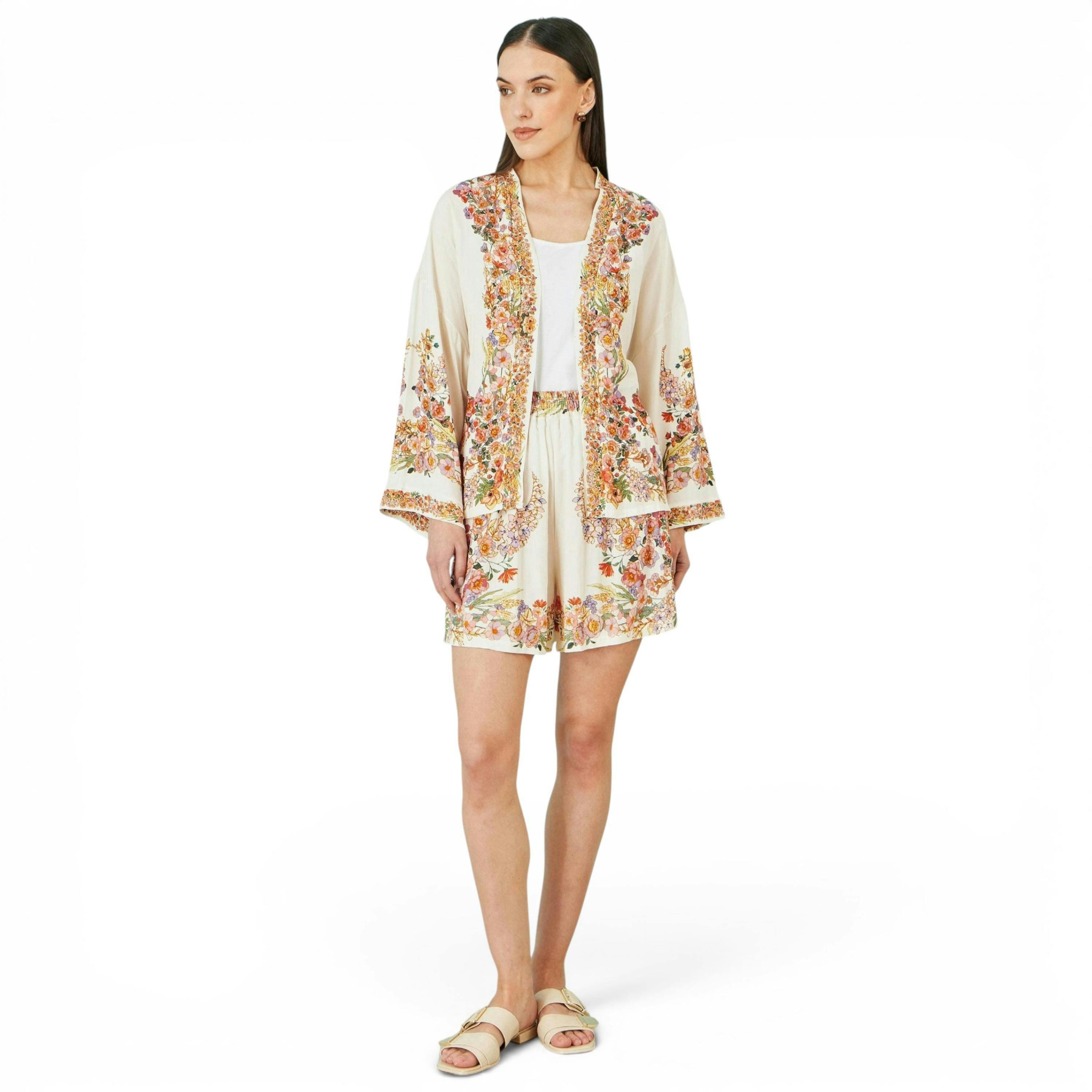 Yumi Ivory Viscose Floral Border Shorts , view 1 of 4
