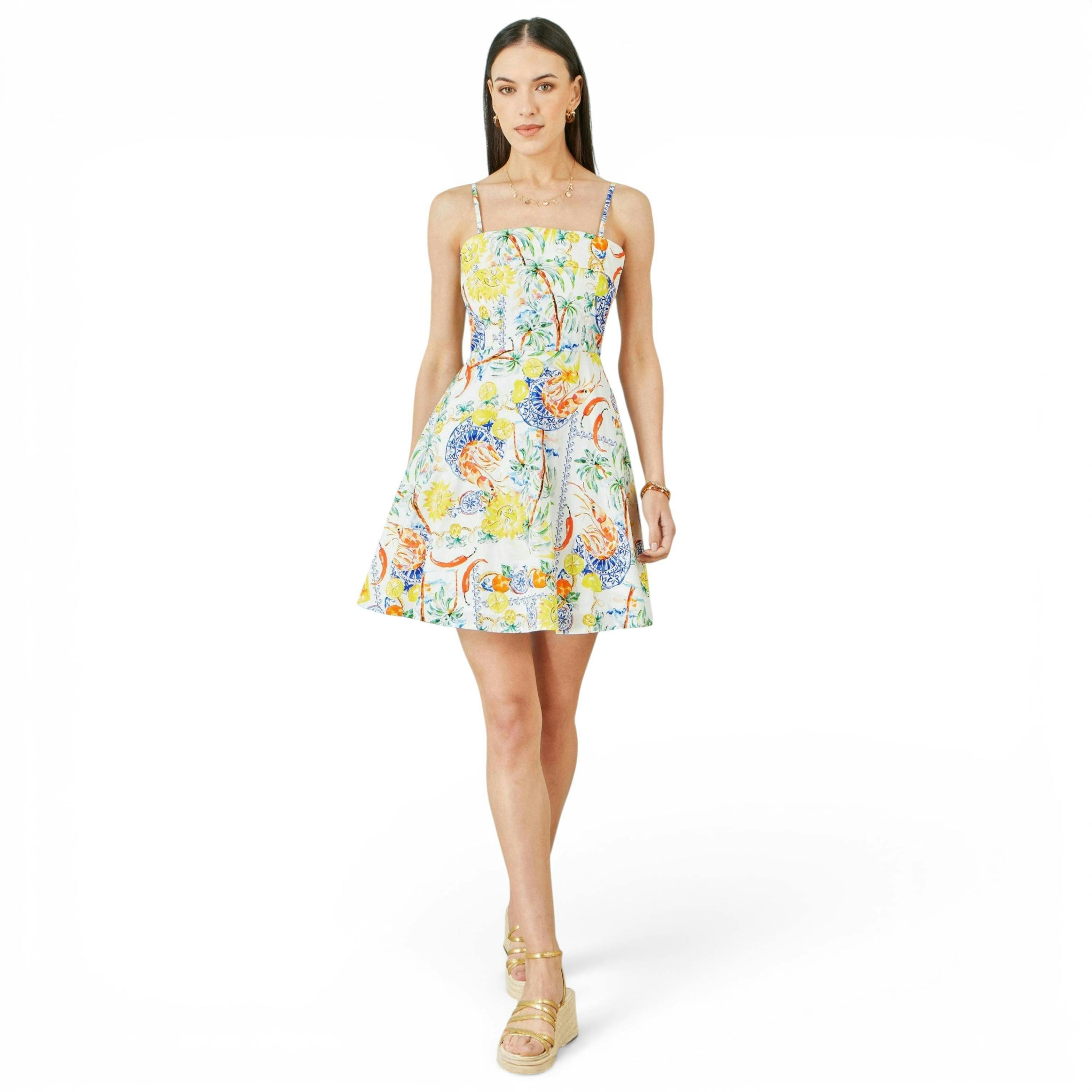 Yumi White Mediterranean Print Cotton Mini Sun Dress , view 3 of 6