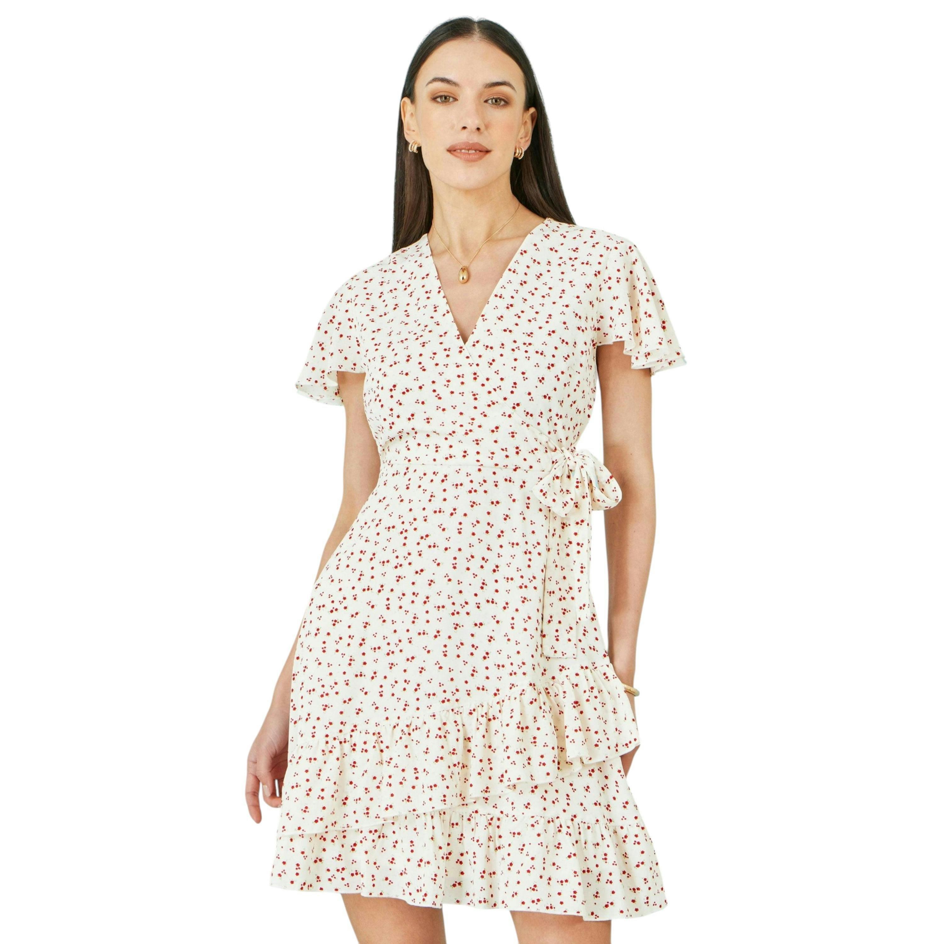 Yumi White Ditsy Print Frill Wrap Dress , view 1 of 6