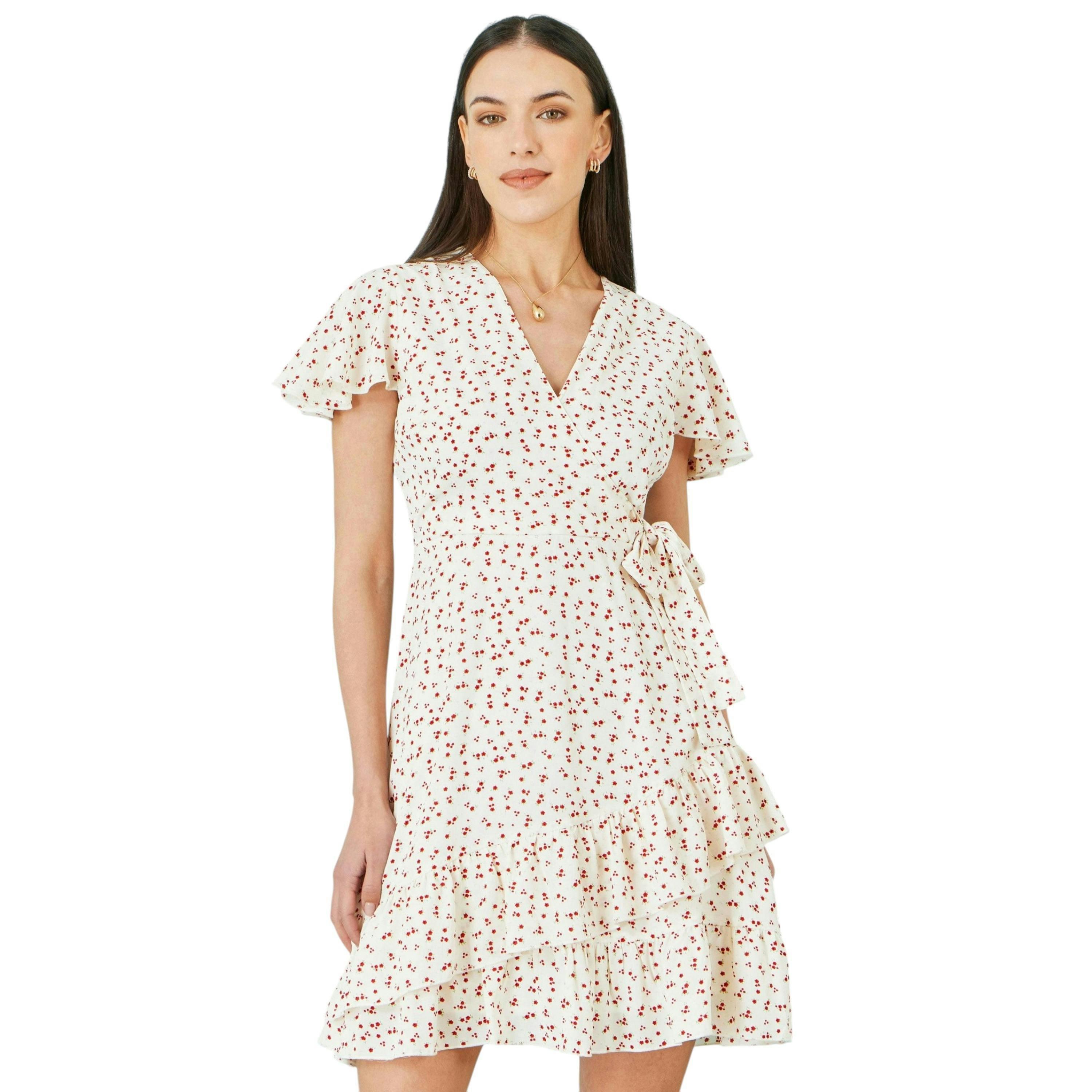 Yumi White Ditsy Print Frill Wrap Dress , view 2 of 6