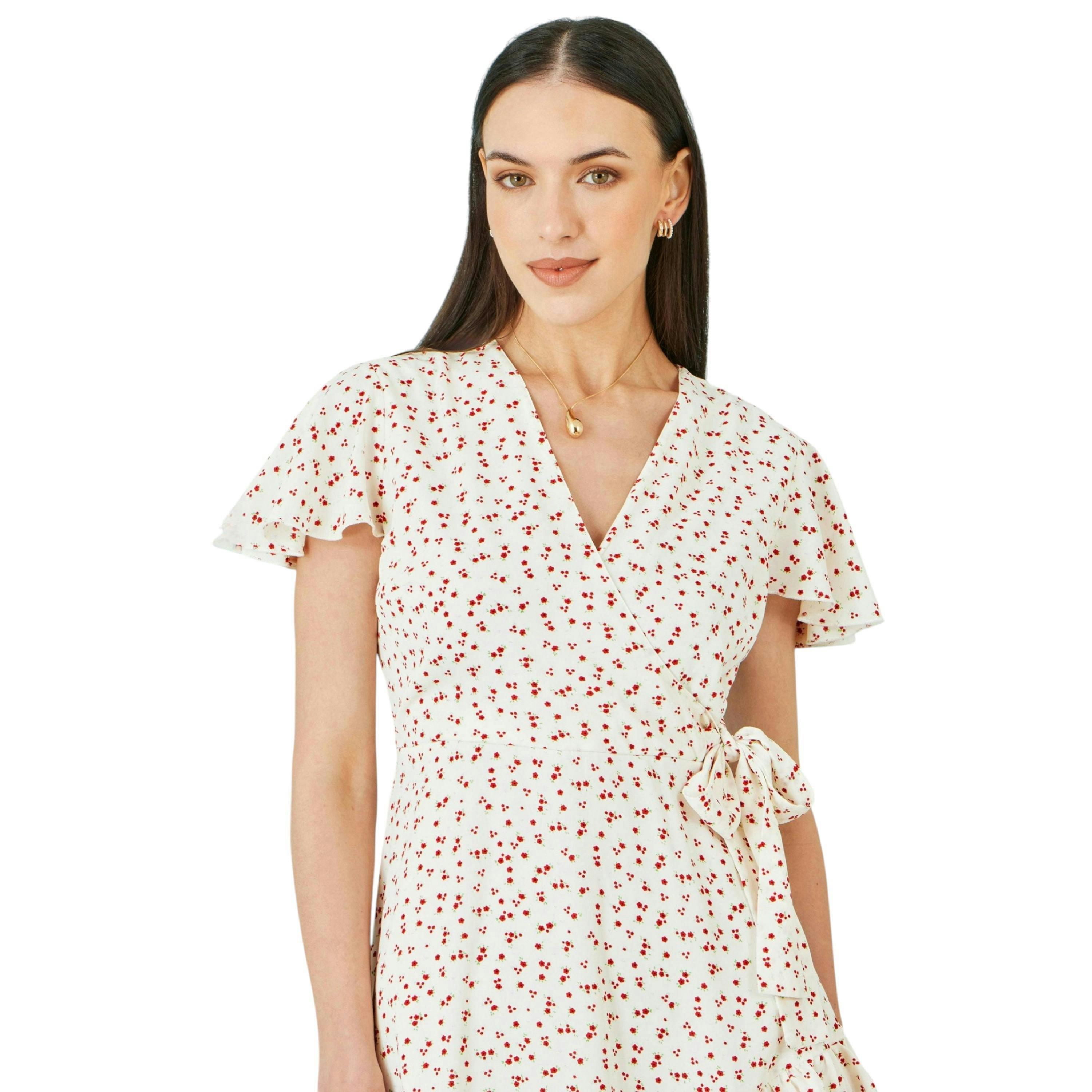 Yumi White Ditsy Print Frill Wrap Dress , view 5 of 6