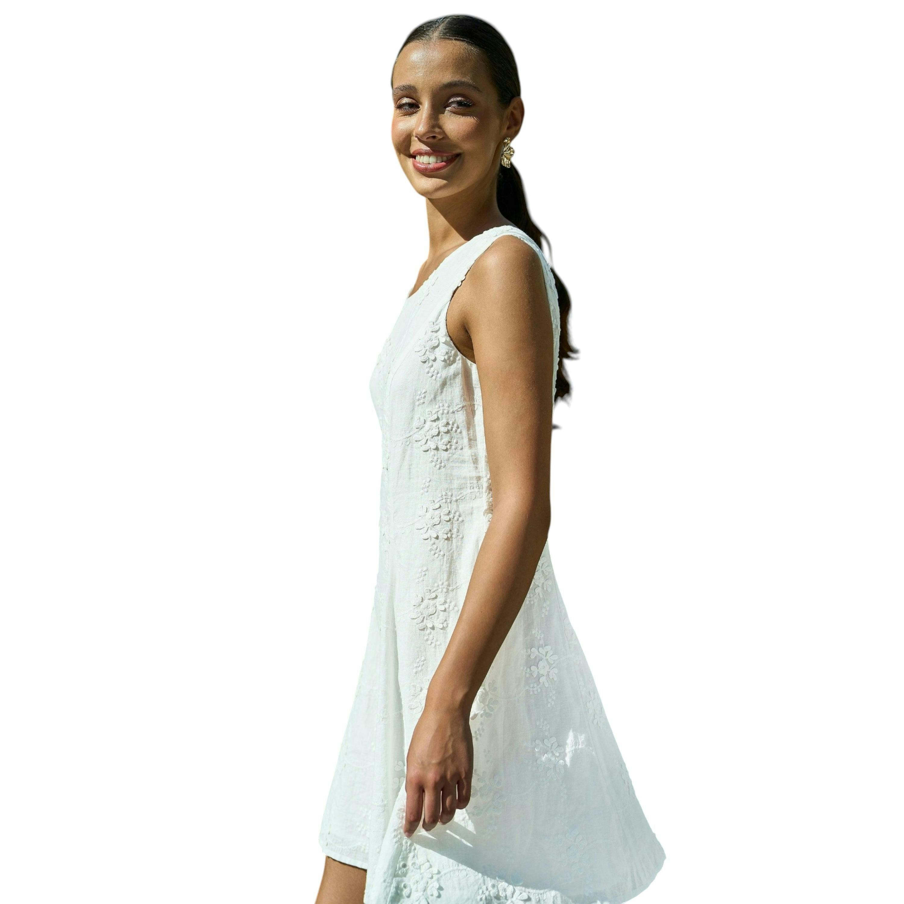 Yumi White Cotton Applique Flower Swing Shift Dress , view 1 of 6