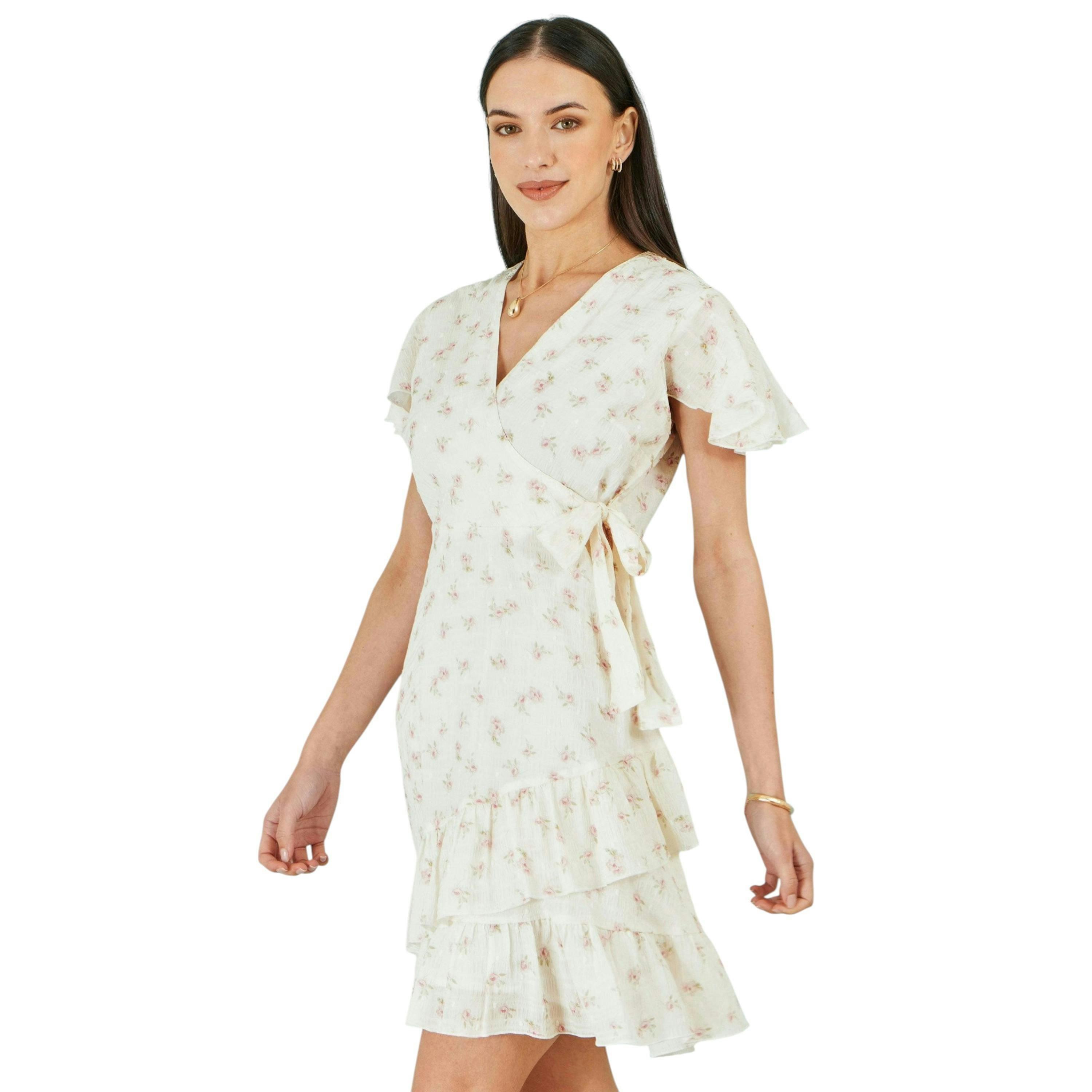 Yumi White Rose Print Wrap Over Frill Dress , view 1 of 6