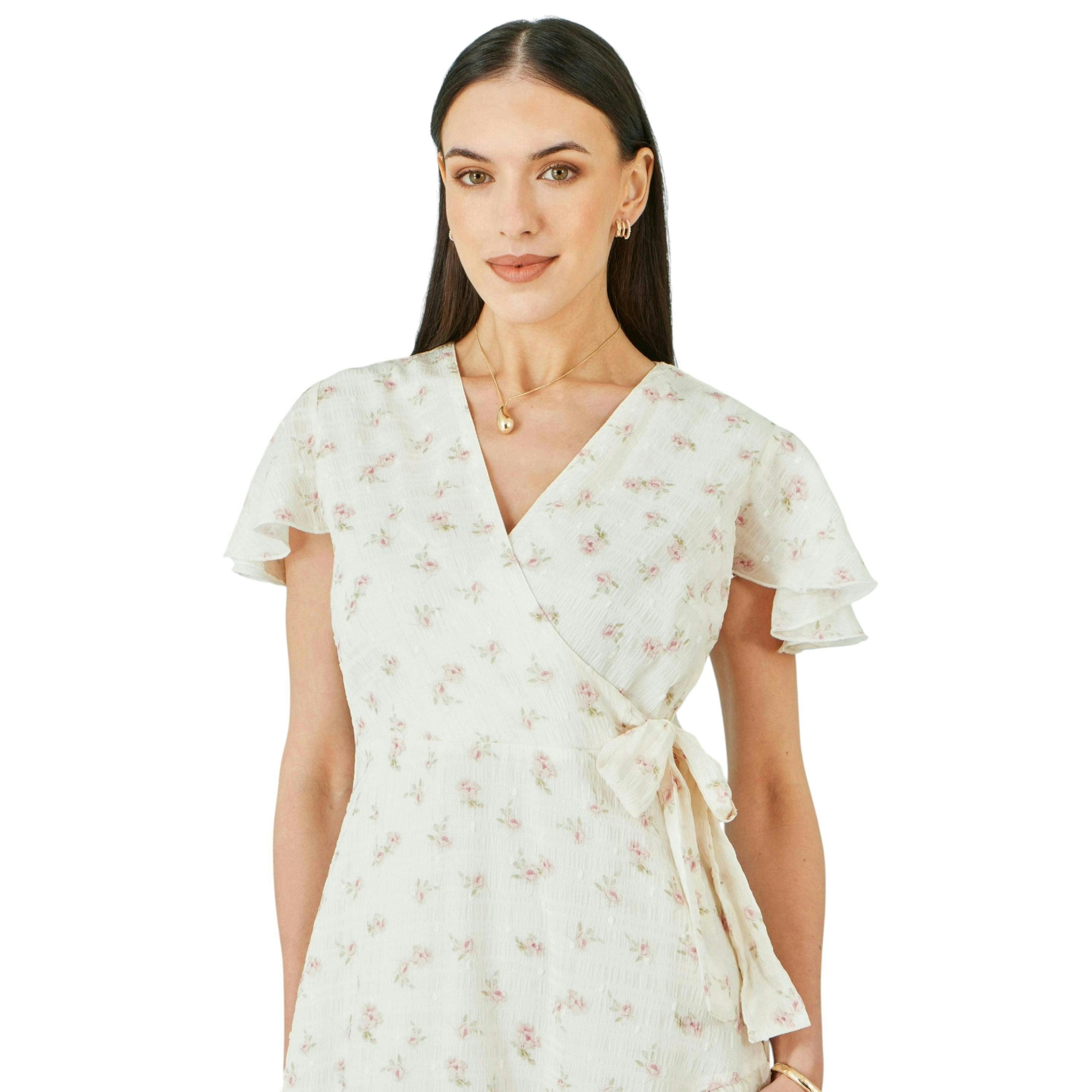 Yumi White Rose Print Wrap Over Frill Dress , view 3 of 6