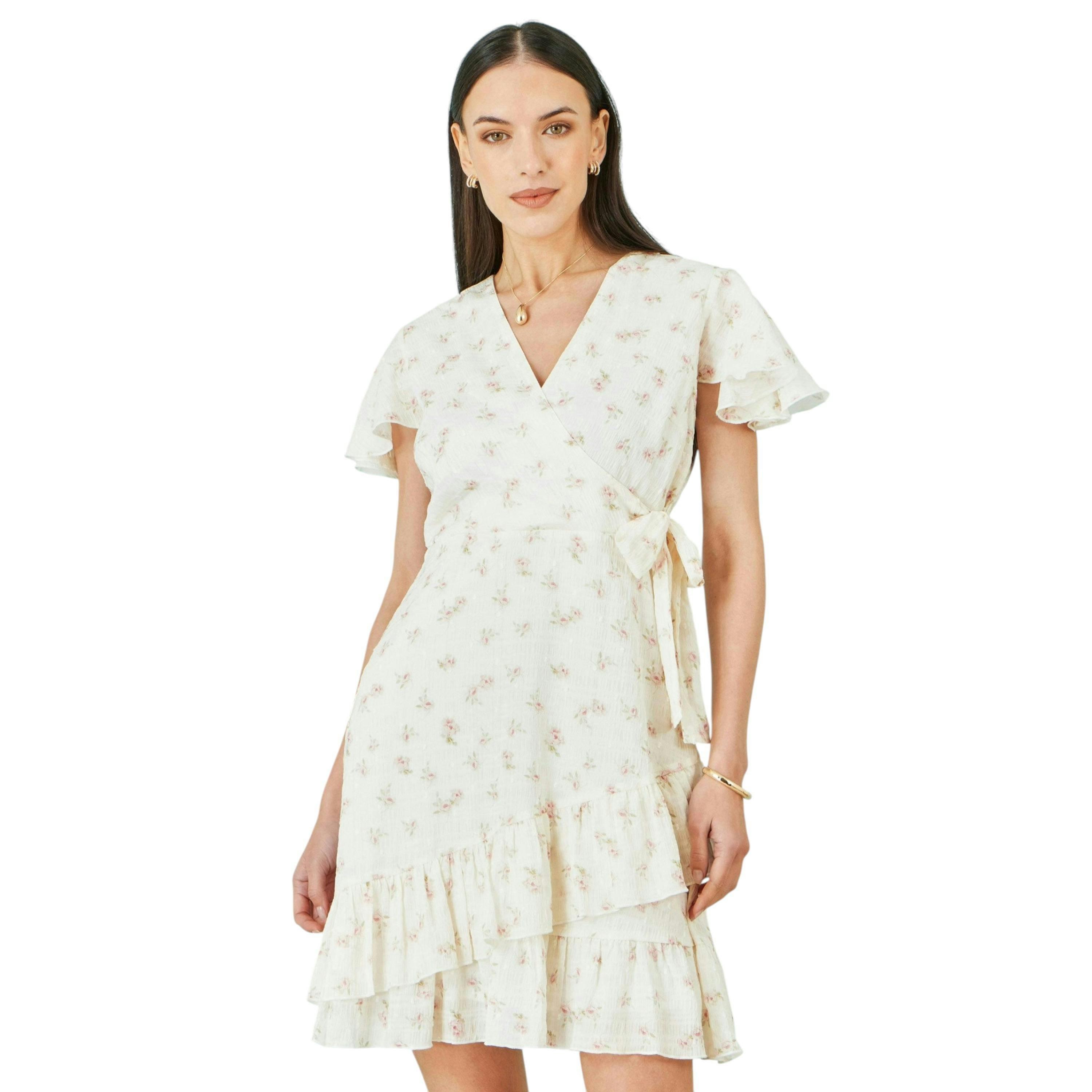 Yumi White Rose Print Wrap Over Frill Dress , view 4 of 6