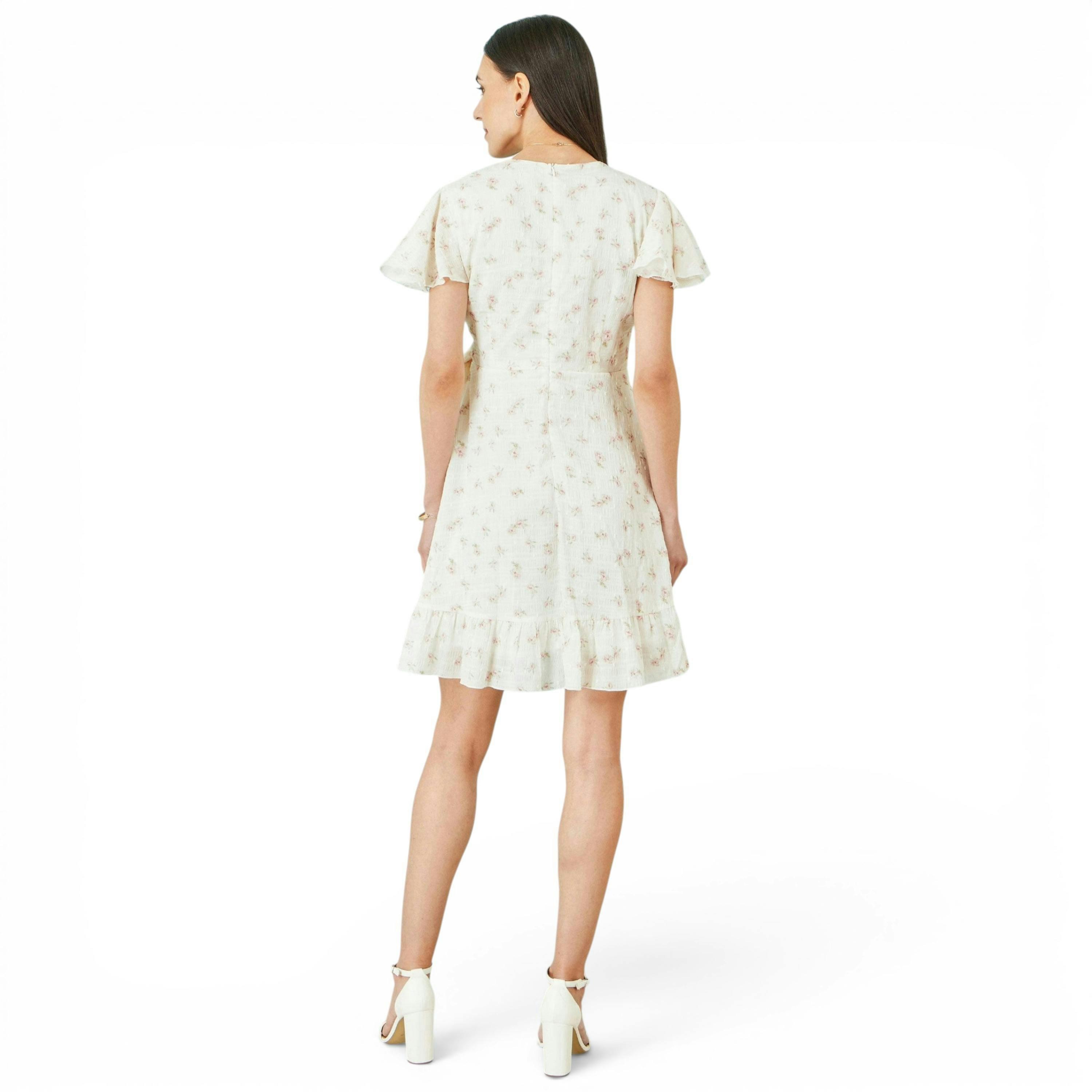 Yumi White Rose Print Wrap Over Frill Dress , view 5 of 6