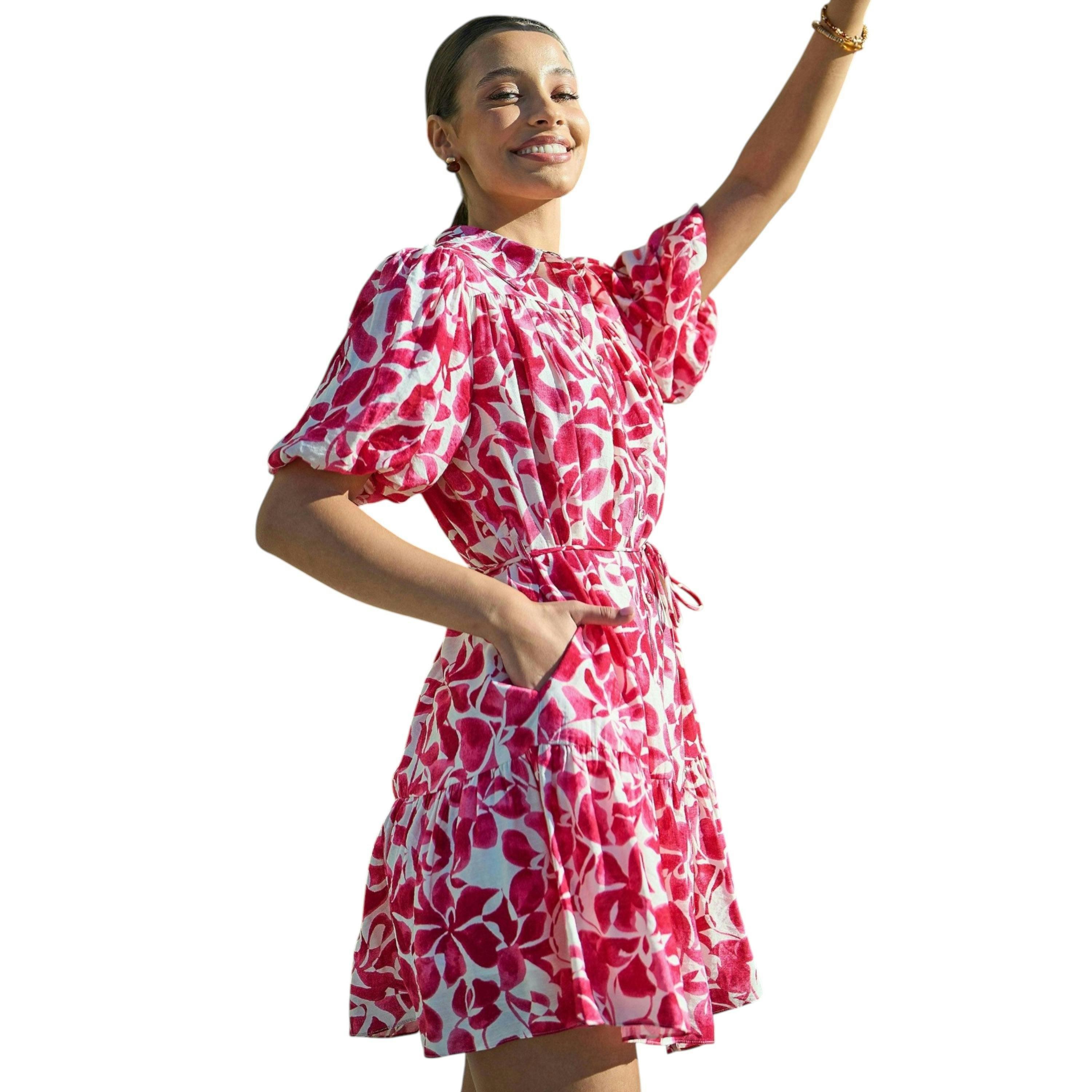 Yumi Pink Floral Print Viscose Relaxed Shirt Dress , view 1 of 6