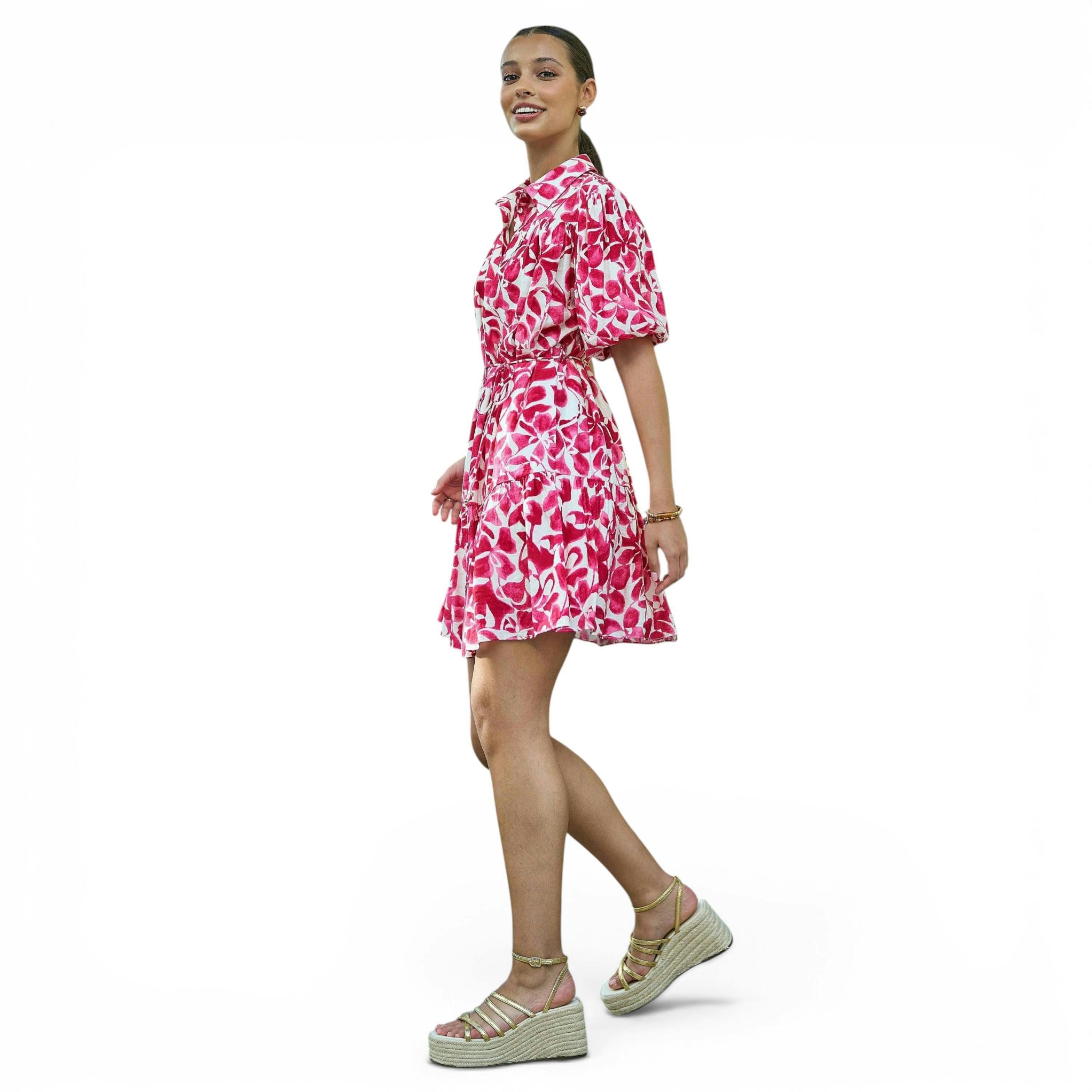 Yumi Pink Floral Print Viscose Relaxed Shirt Dress , view 2 of 6