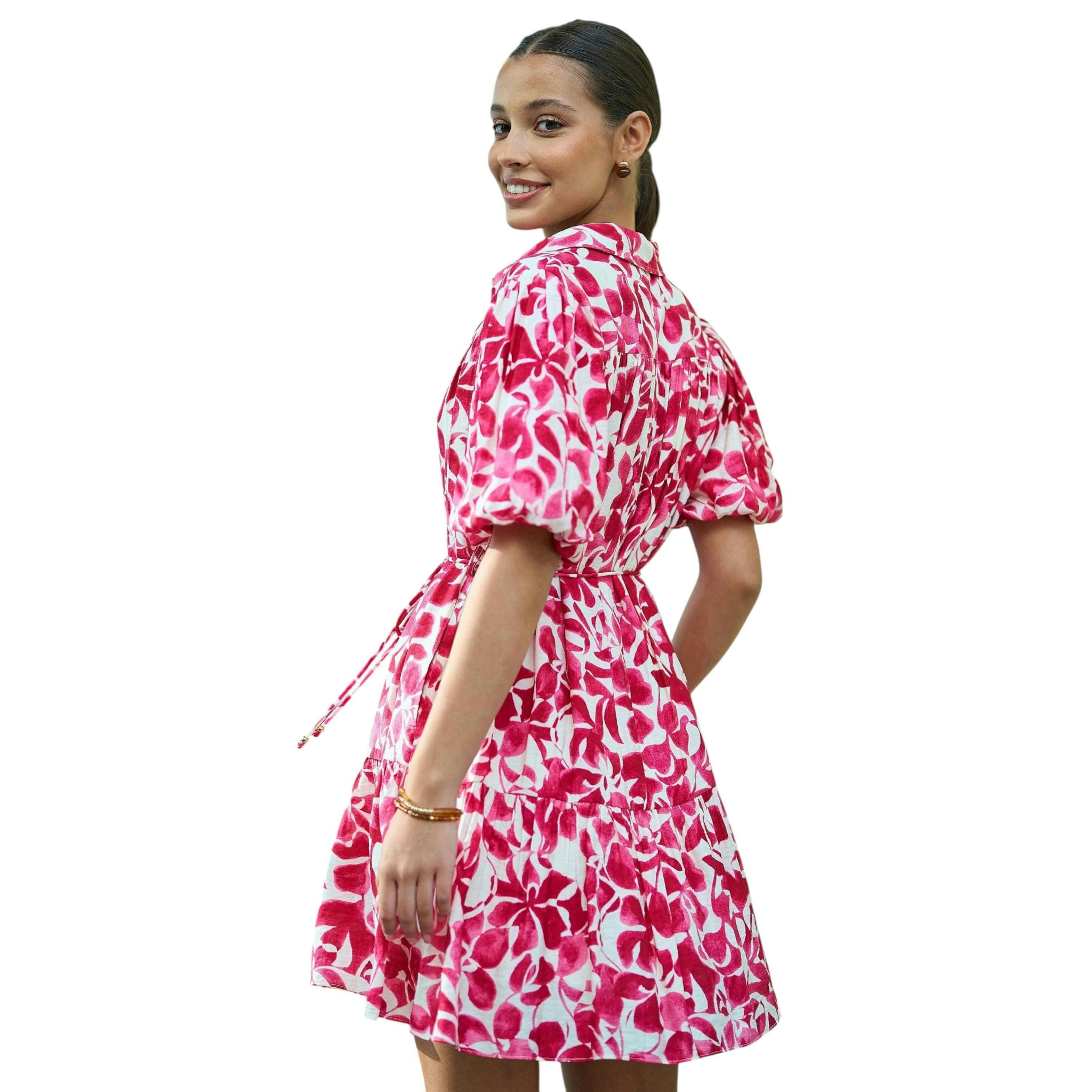 Yumi Pink Floral Print Viscose Relaxed Shirt Dress , view 3 of 6