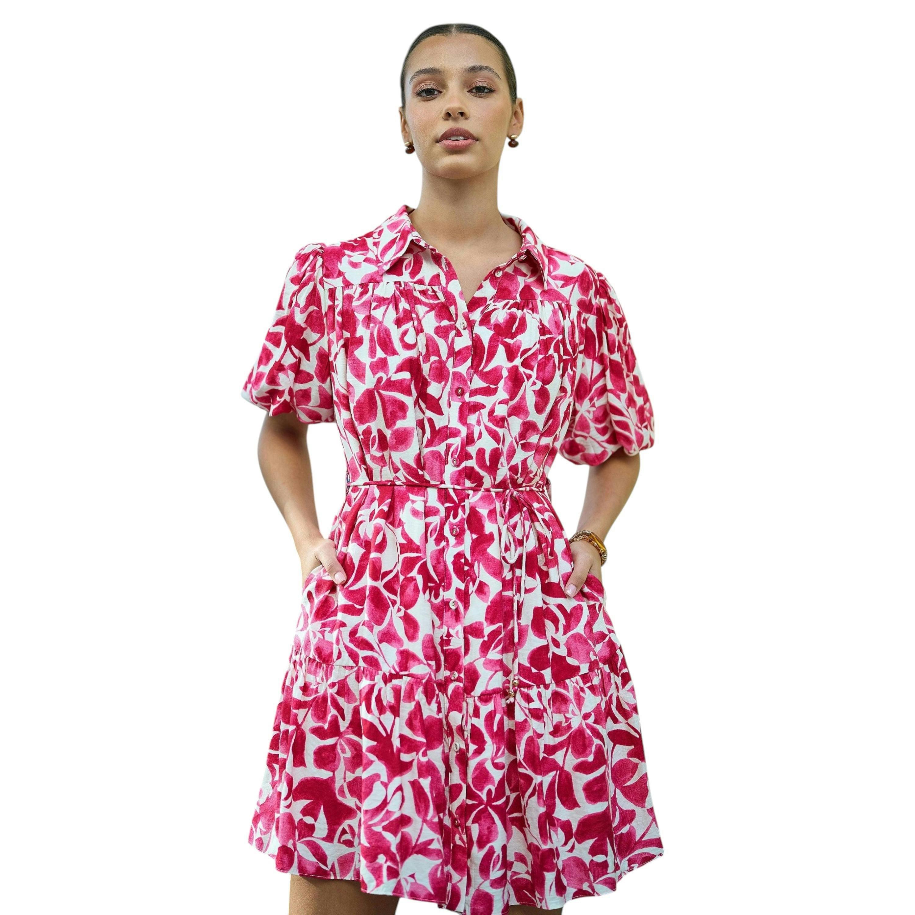 Yumi Pink Floral Print Viscose Relaxed Shirt Dress , view 4 of 6