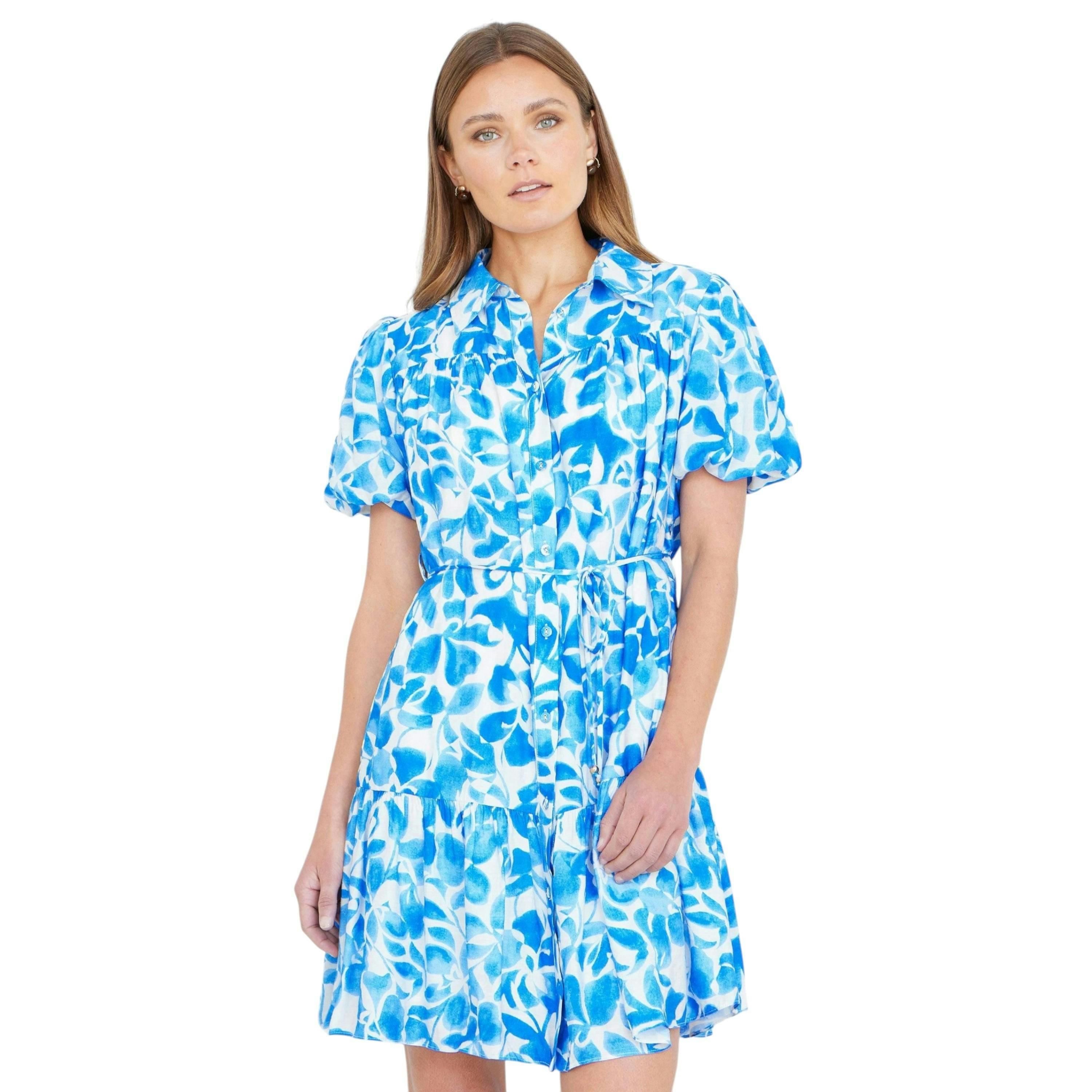 Yumi Blue Floral Print Viscose Relaxed Shirt Dress , view 1 of 6