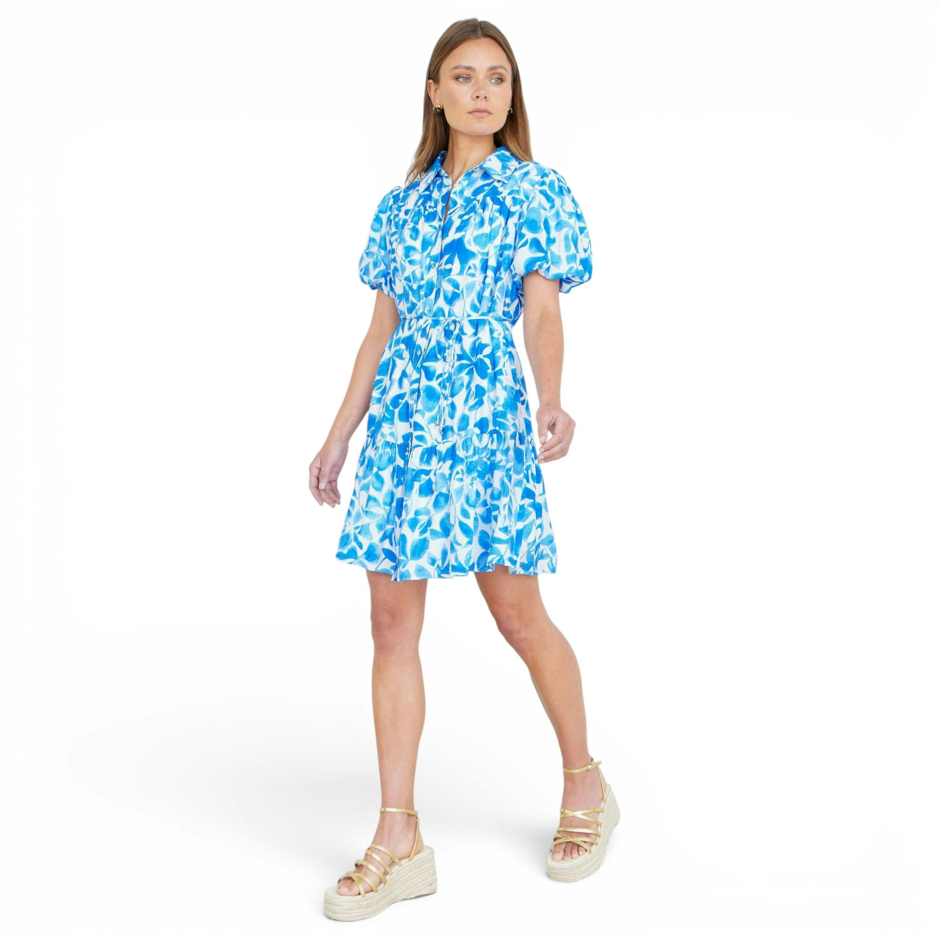 Yumi Blue Floral Print Viscose Relaxed Shirt Dress , view 2 of 6