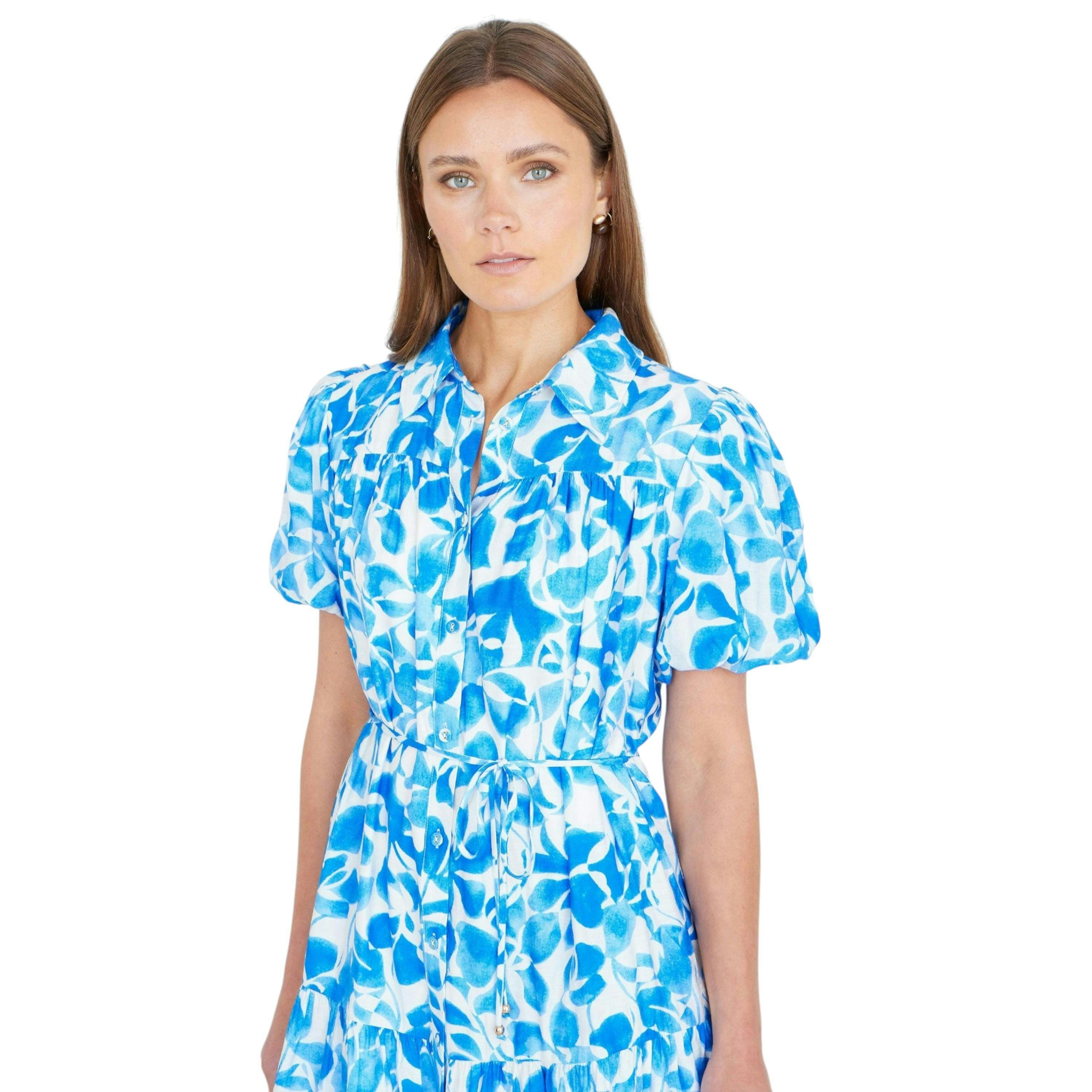 Yumi Blue Floral Print Viscose Relaxed Shirt Dress , view 3 of 6