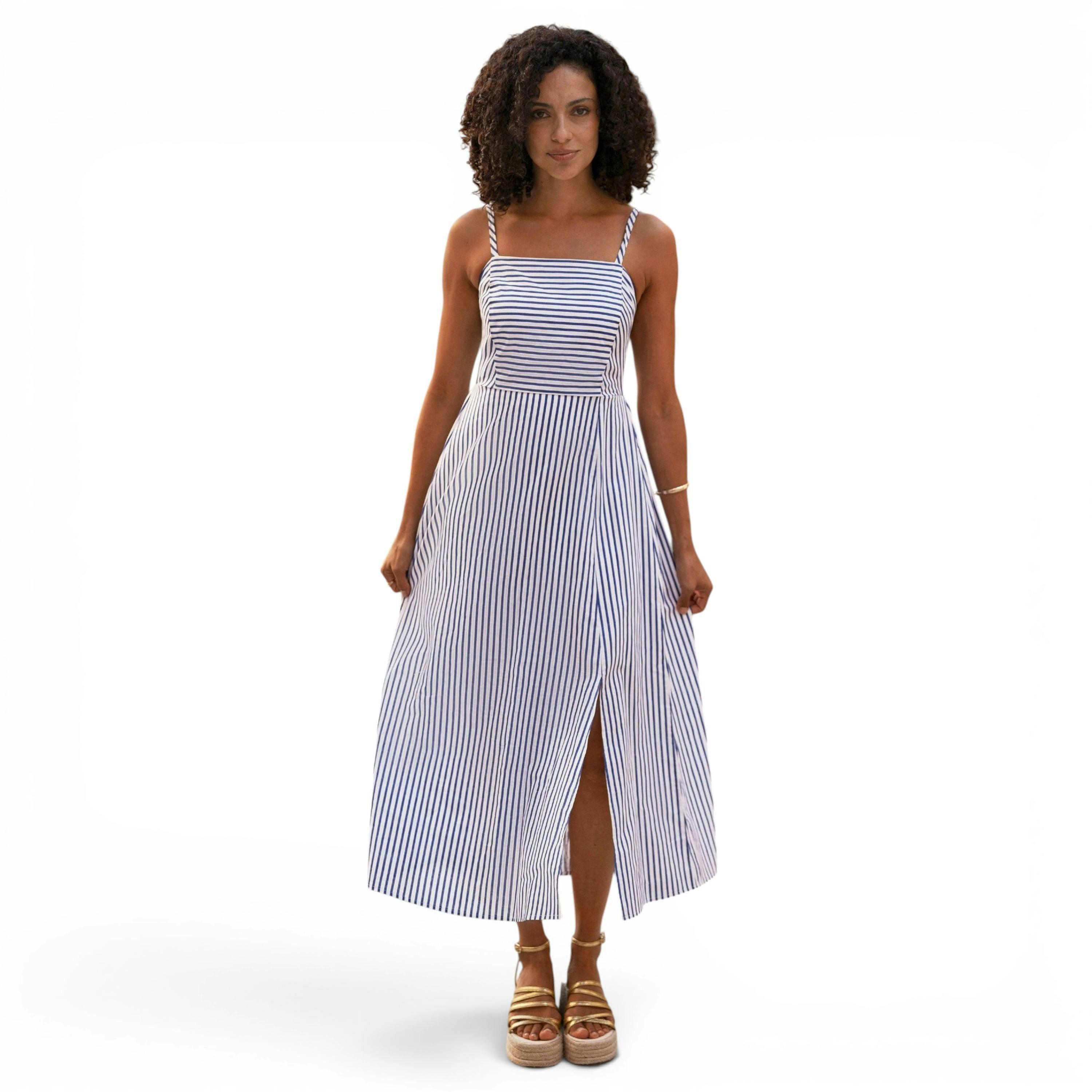 Yumi Blue Stripe Cotton Sun Dress With Ruched Back , view 1 of 6