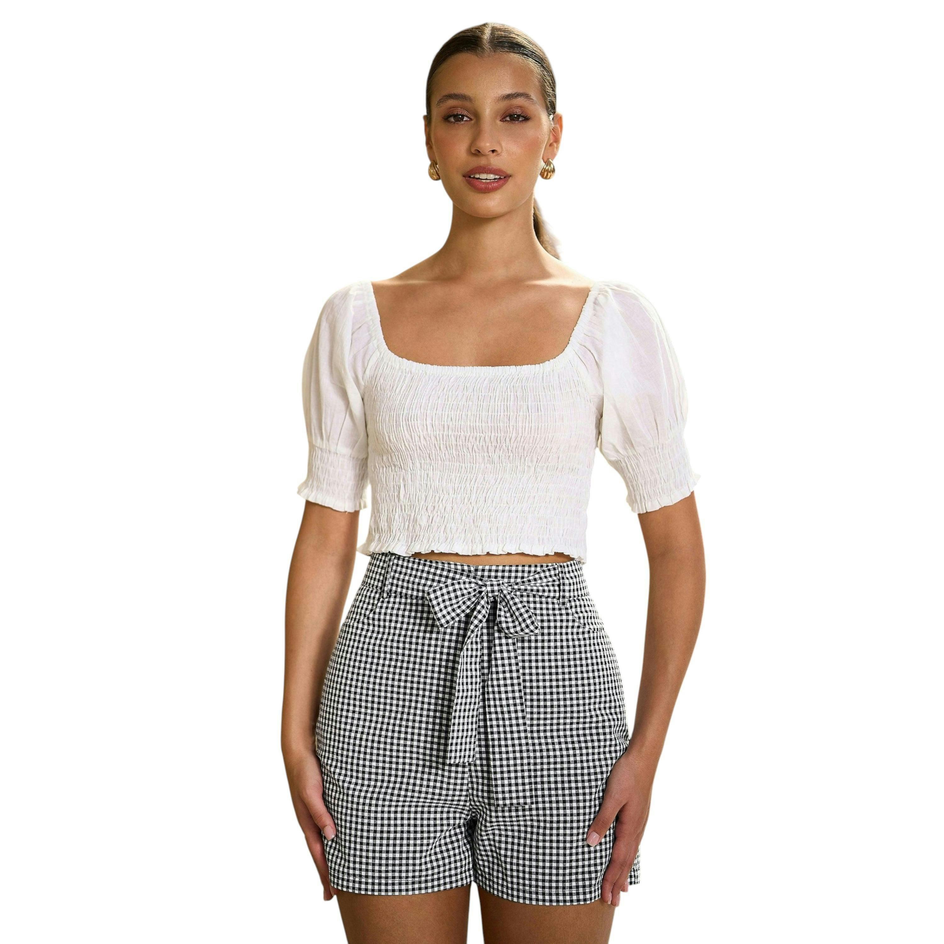 Yumi Black Cotton Gingham Tie Belt Shorts , view 1 of 6