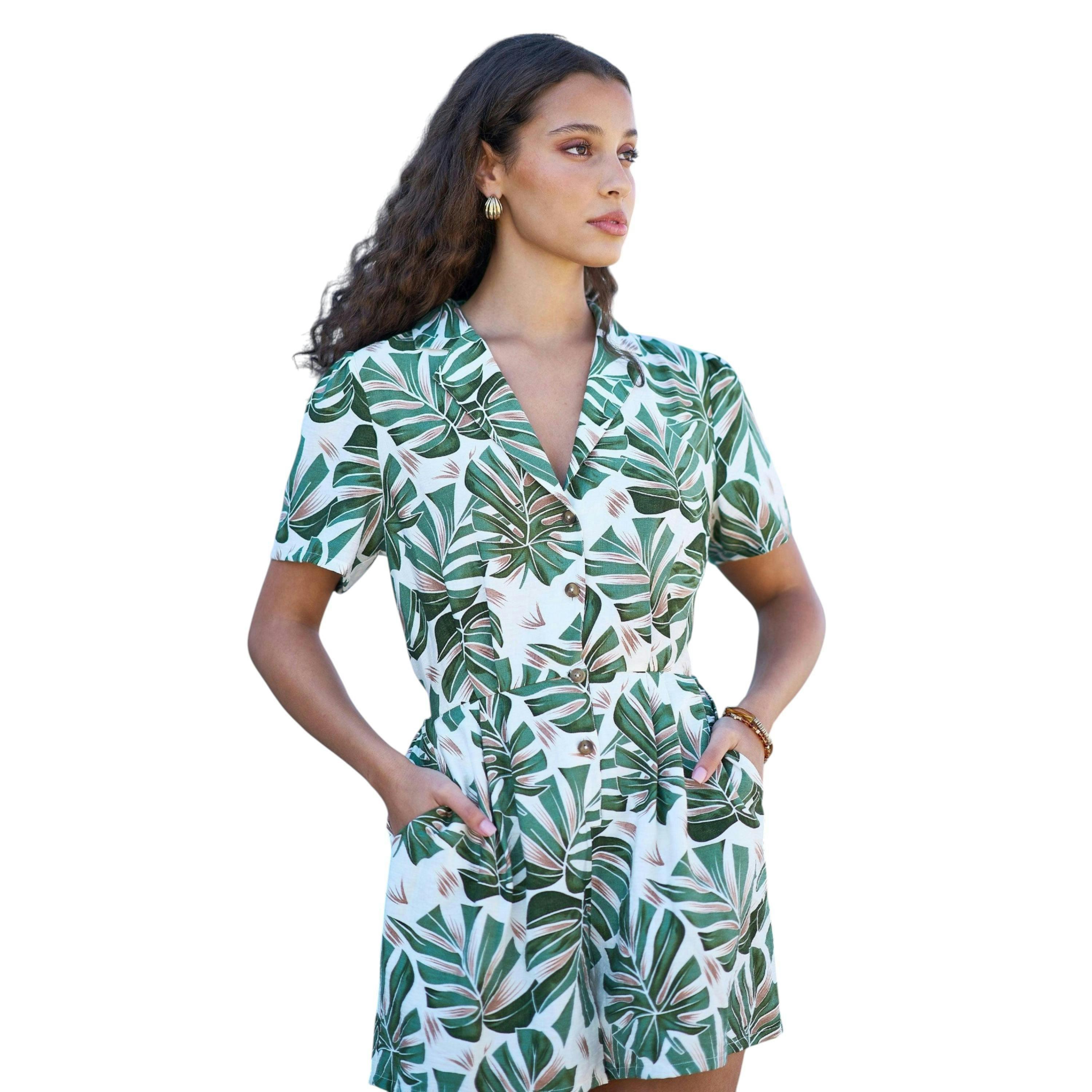 Yumi Green Viscose Leaf Print Retro Playsuit , view 1 of 6