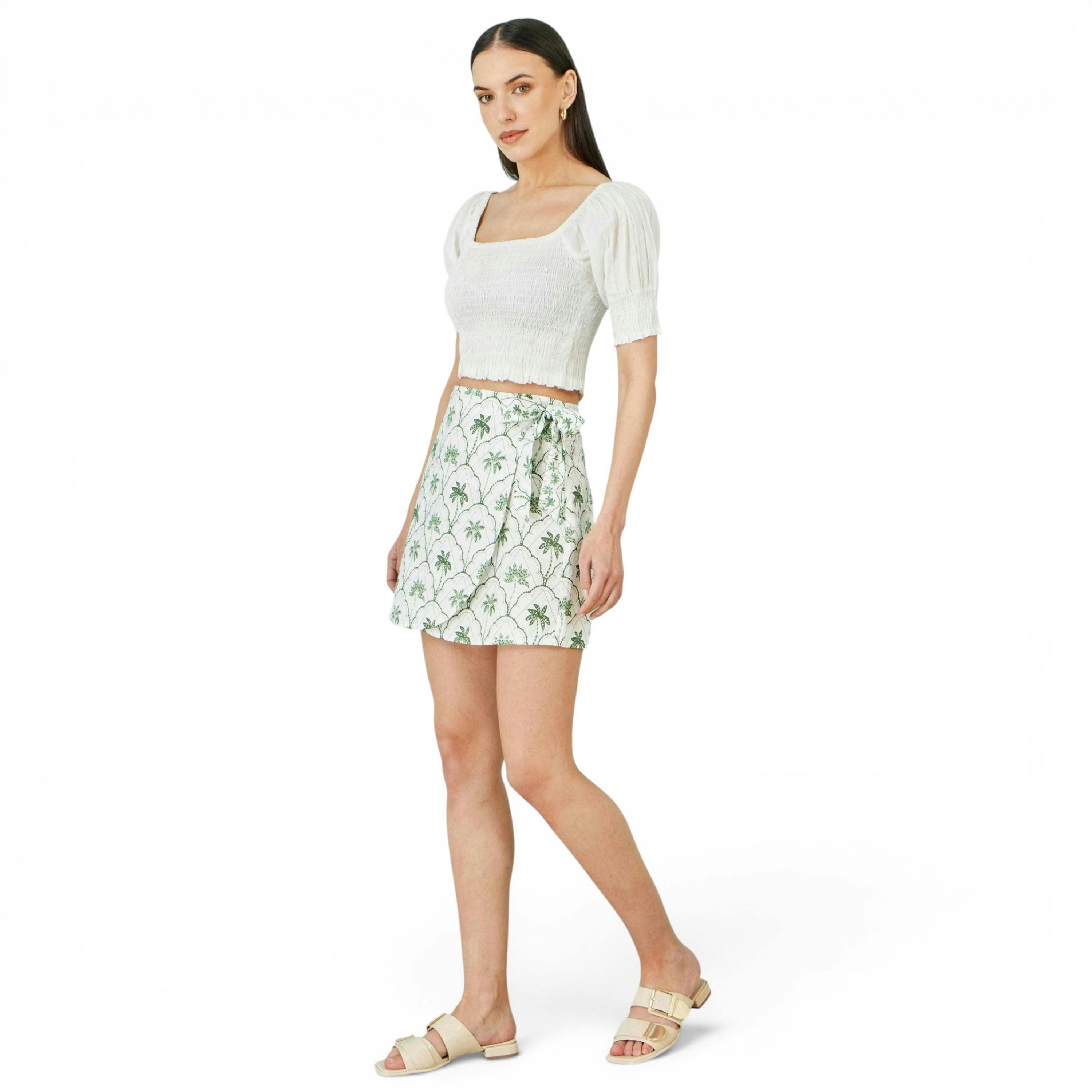 Yumi White Palm Print Cotton Wrap Skirt , view 4 of 5