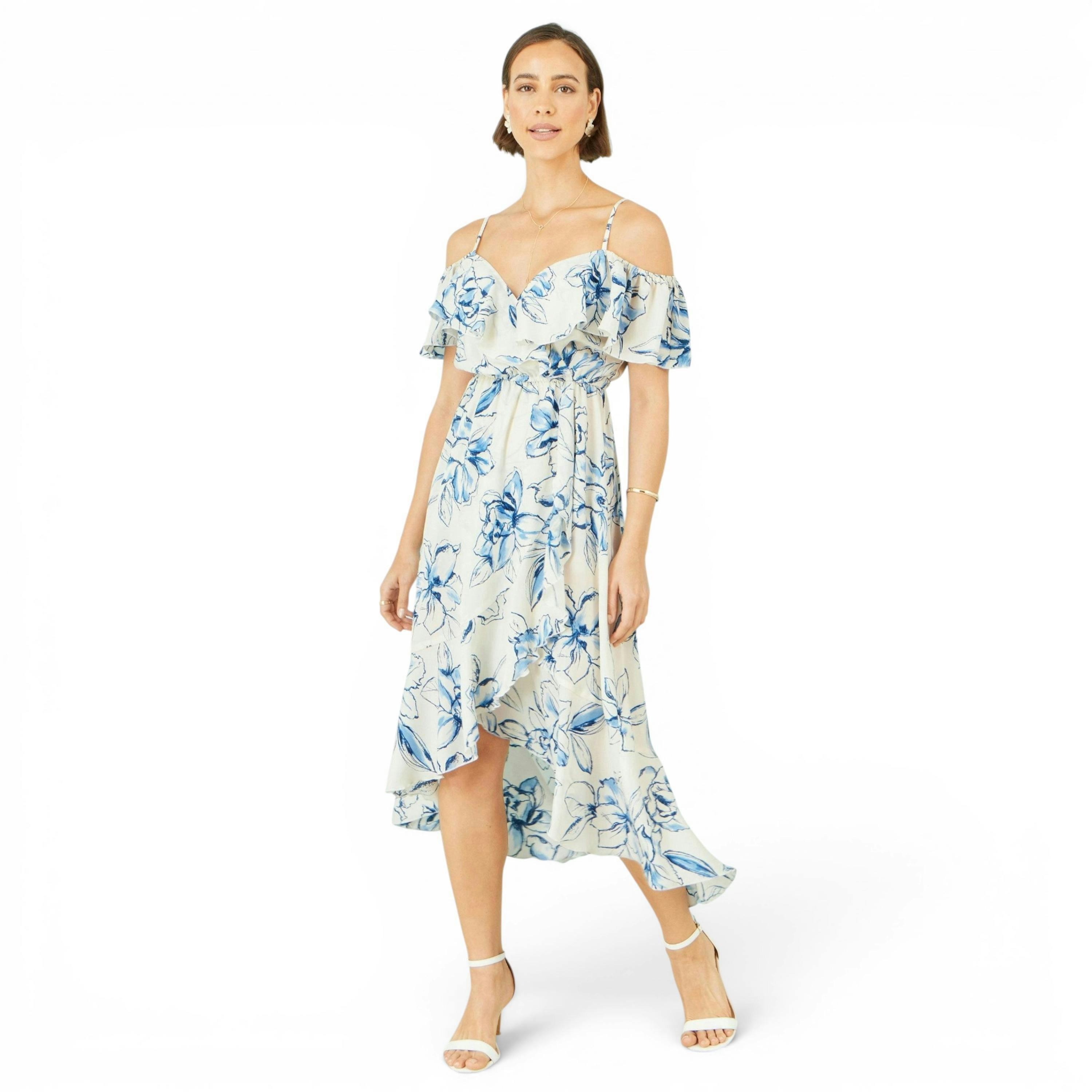 Yumi Ivory Floral Print Bardot Midi Dress With Dip Hem , view 1 of 6