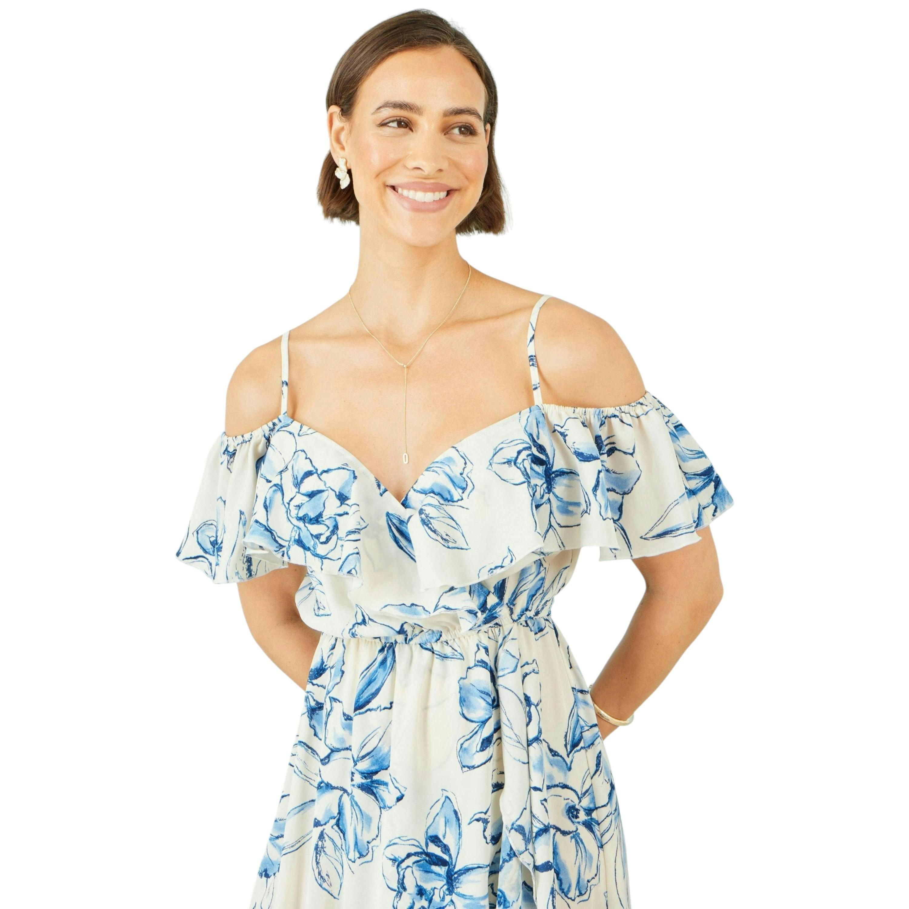 Yumi Ivory Floral Print Bardot Midi Dress With Dip Hem , view 2 of 6