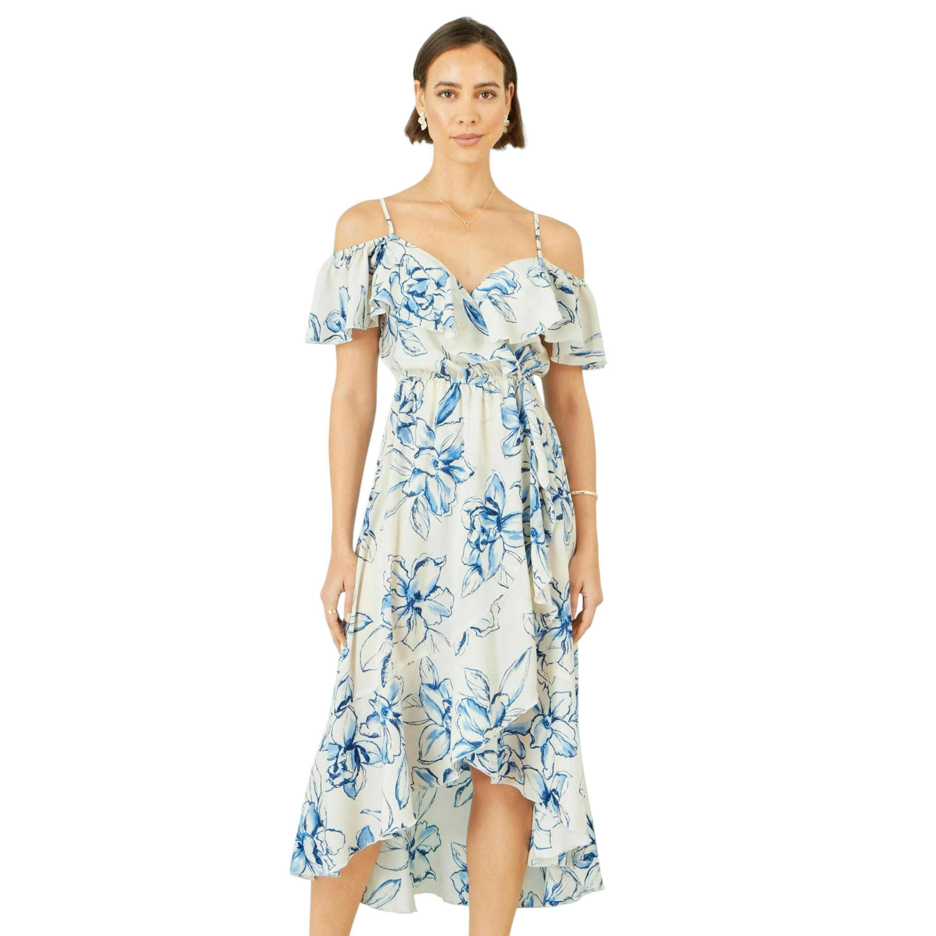 Yumi Ivory Floral Print Bardot Midi Dress With Dip Hem , view 3 of 6