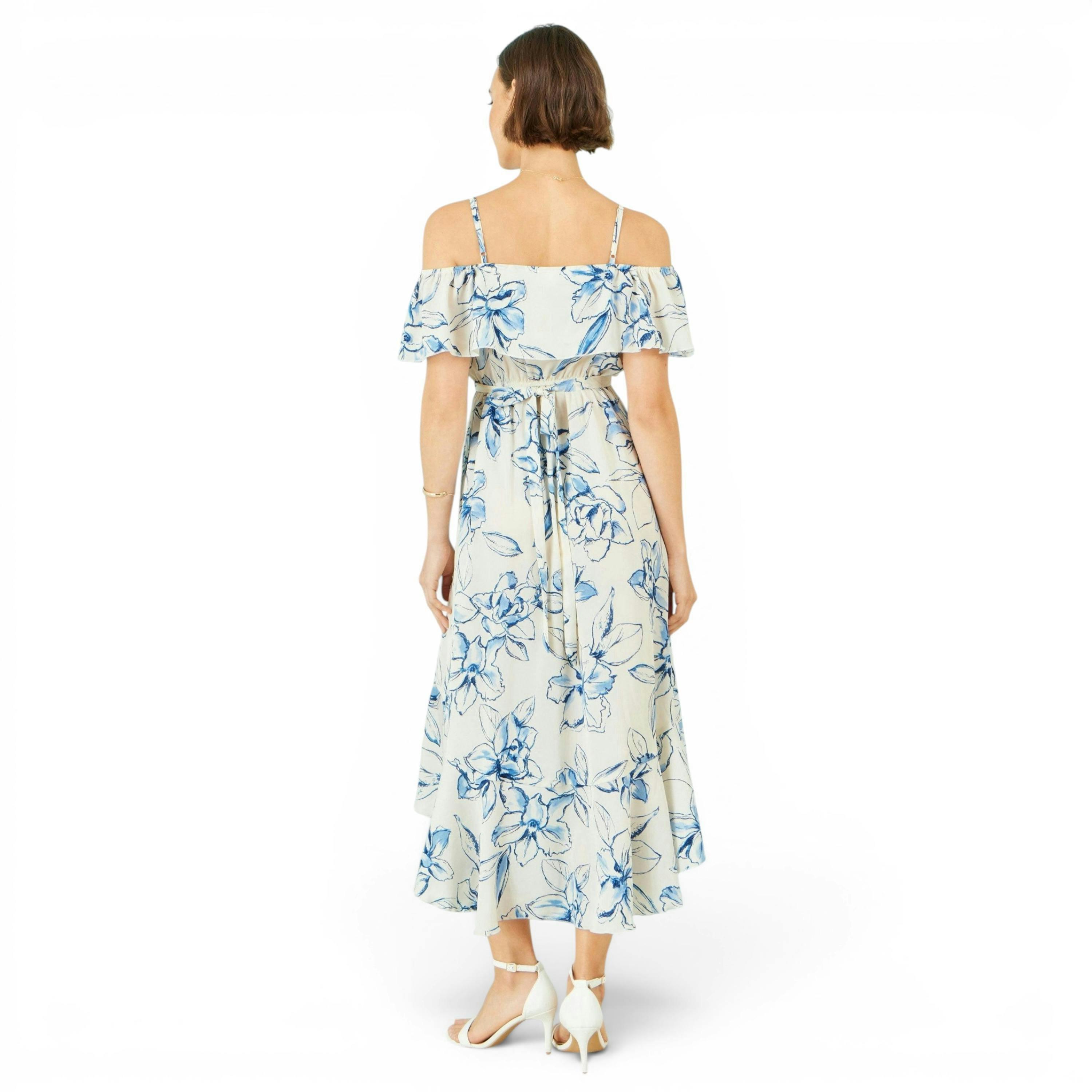 Yumi Ivory Floral Print Bardot Midi Dress With Dip Hem , view 4 of 6