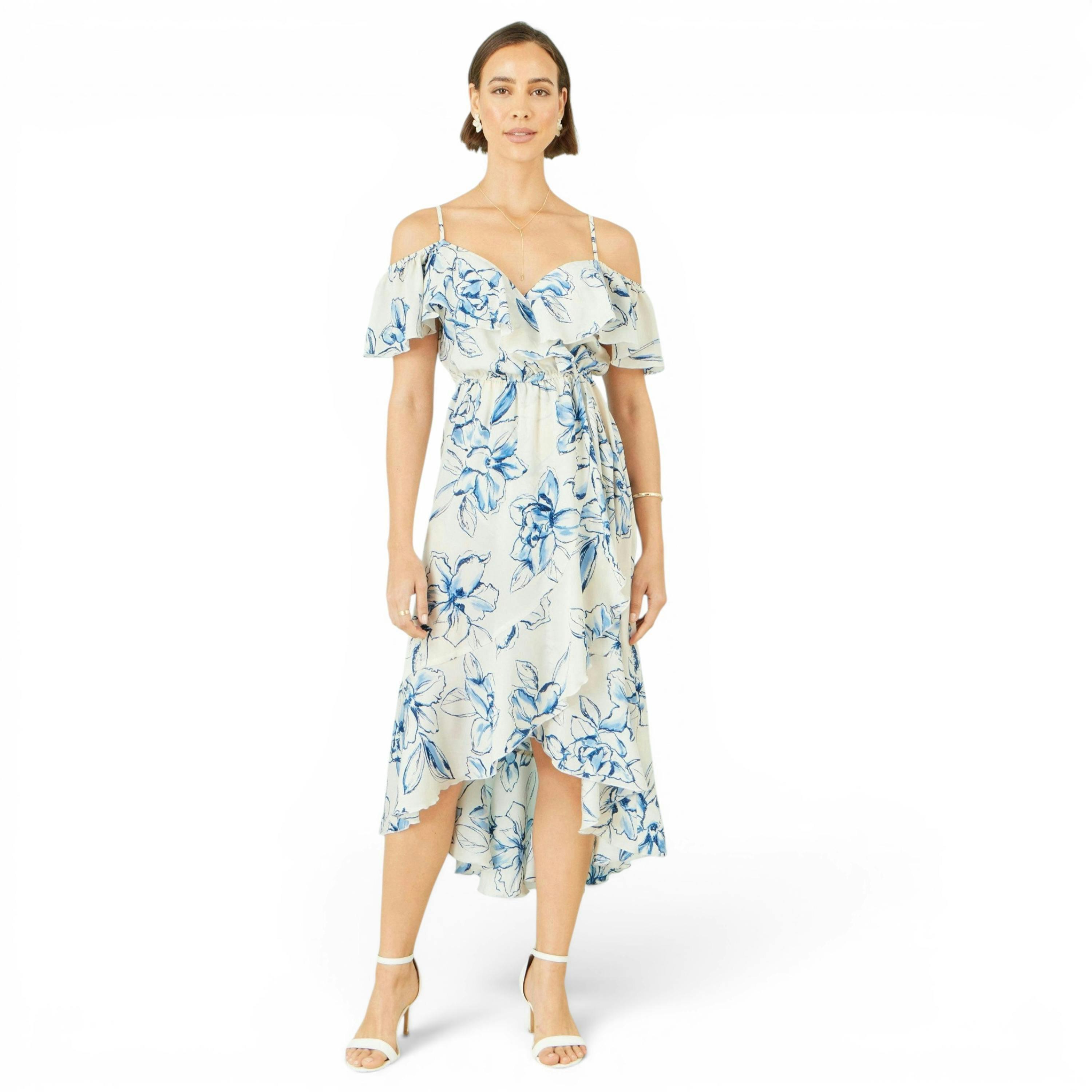 Yumi Ivory Floral Print Bardot Midi Dress With Dip Hem , view 5 of 6