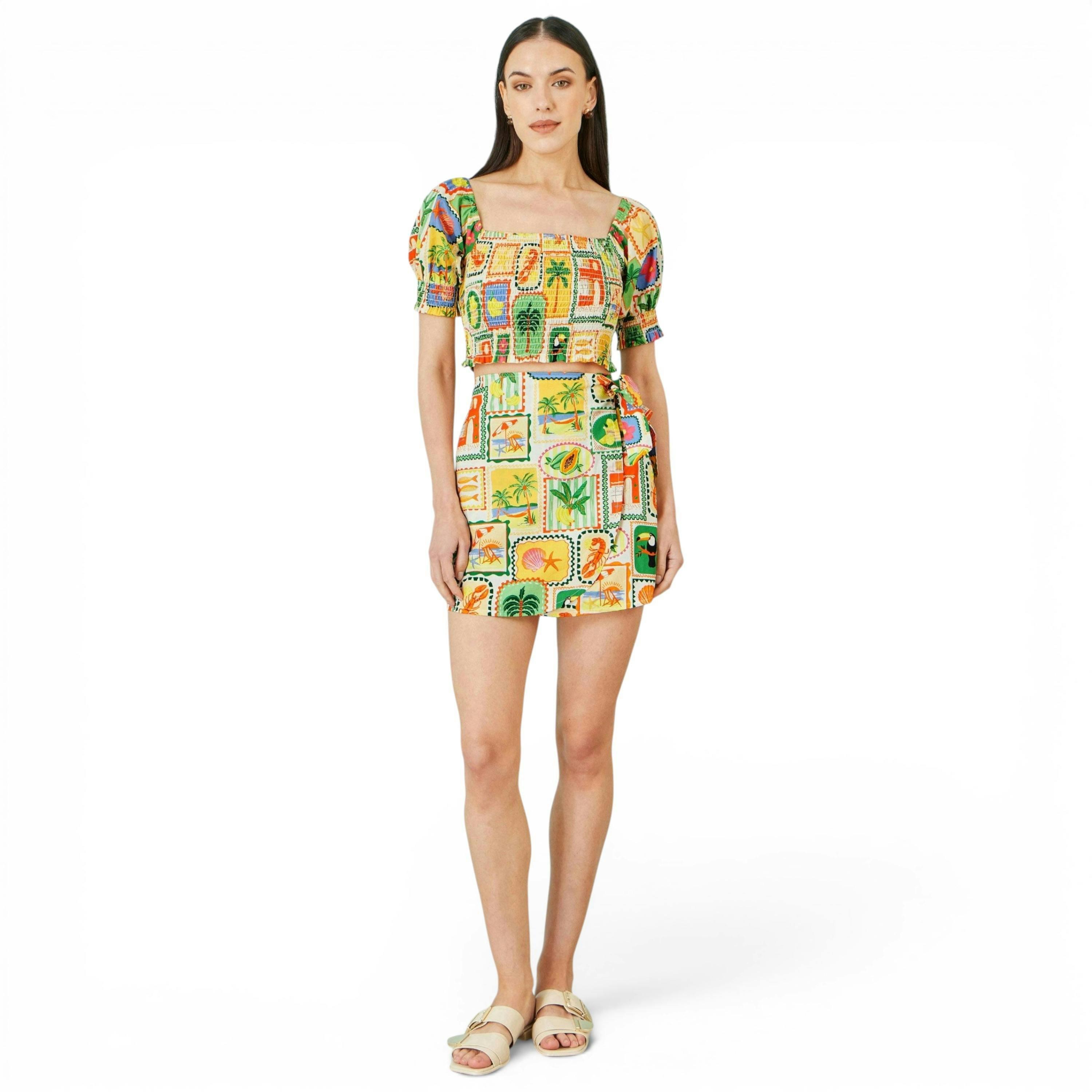 Yumi Multicolour Postcard Print Cotton Wrap Skirt , view 1 of 4