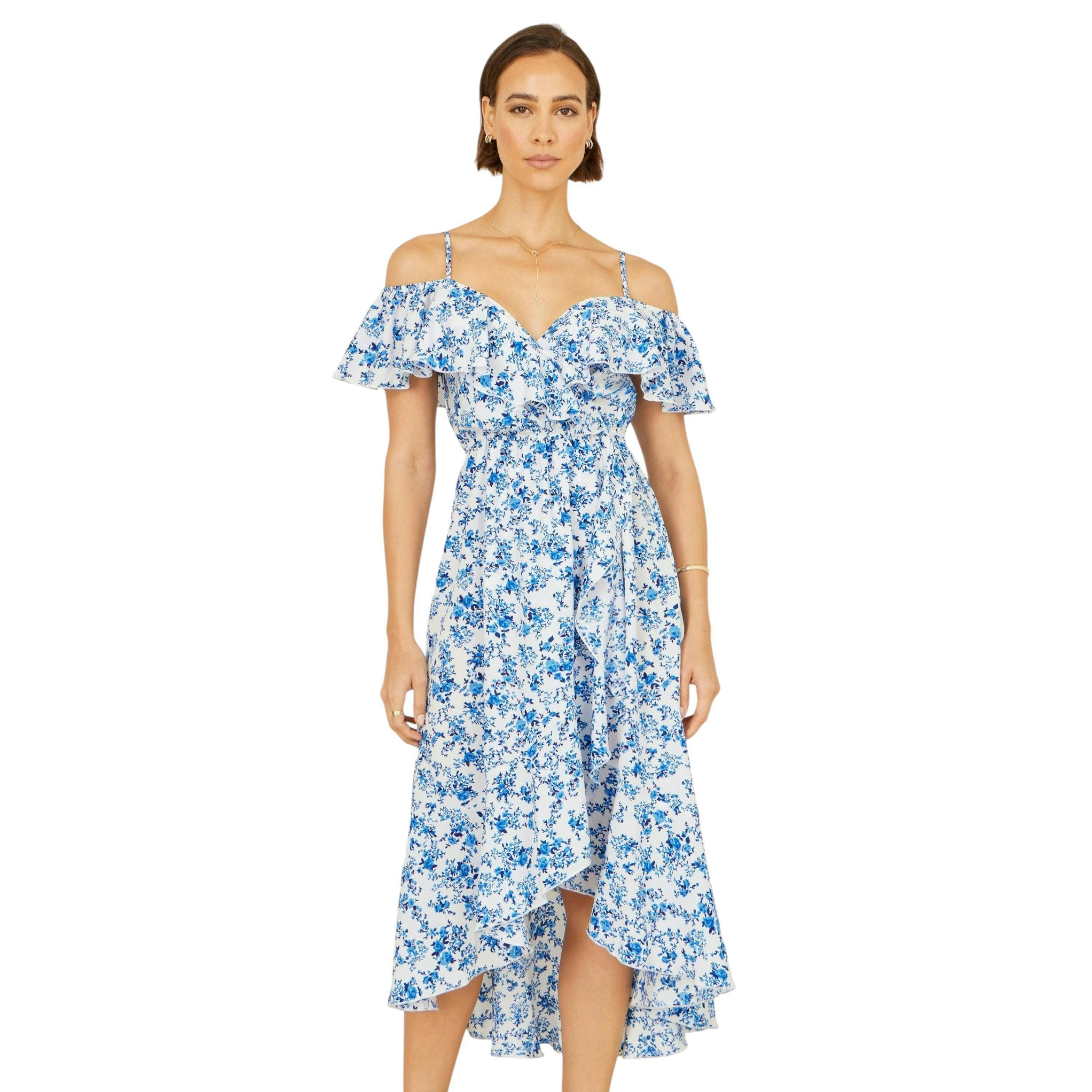 Yumi Blue Floral Print Bardot Midi Dress With Dip Hem , view 1 of 5