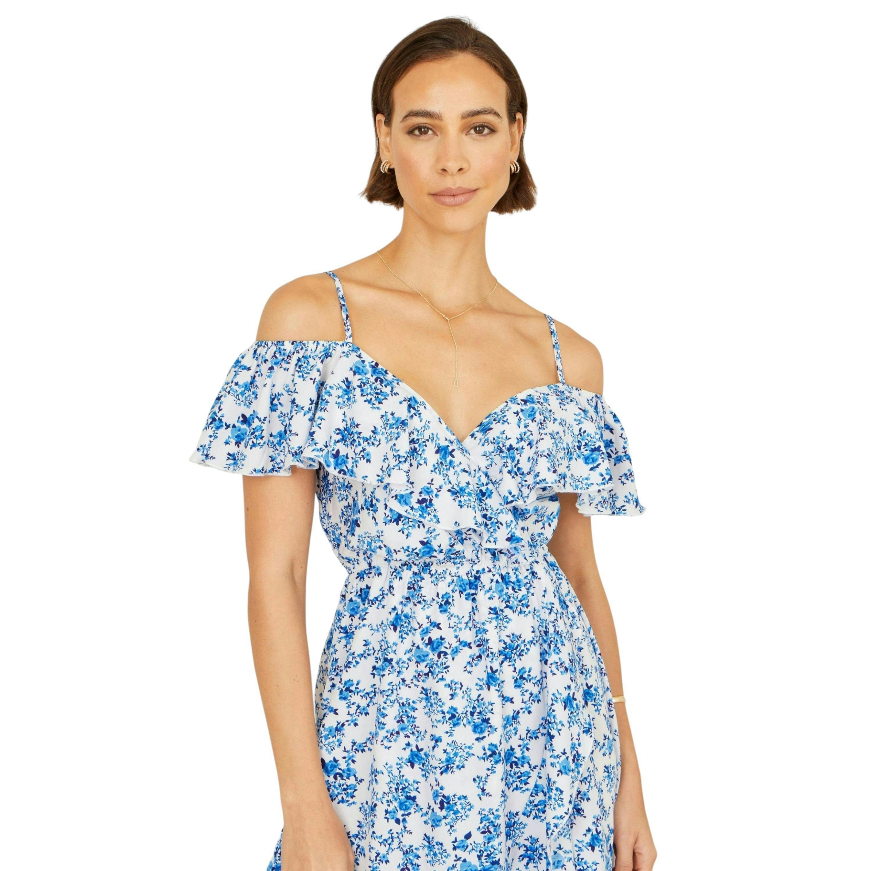 Yumi Blue Floral Print Bardot Midi Dress With Dip Hem , view 2 of 5