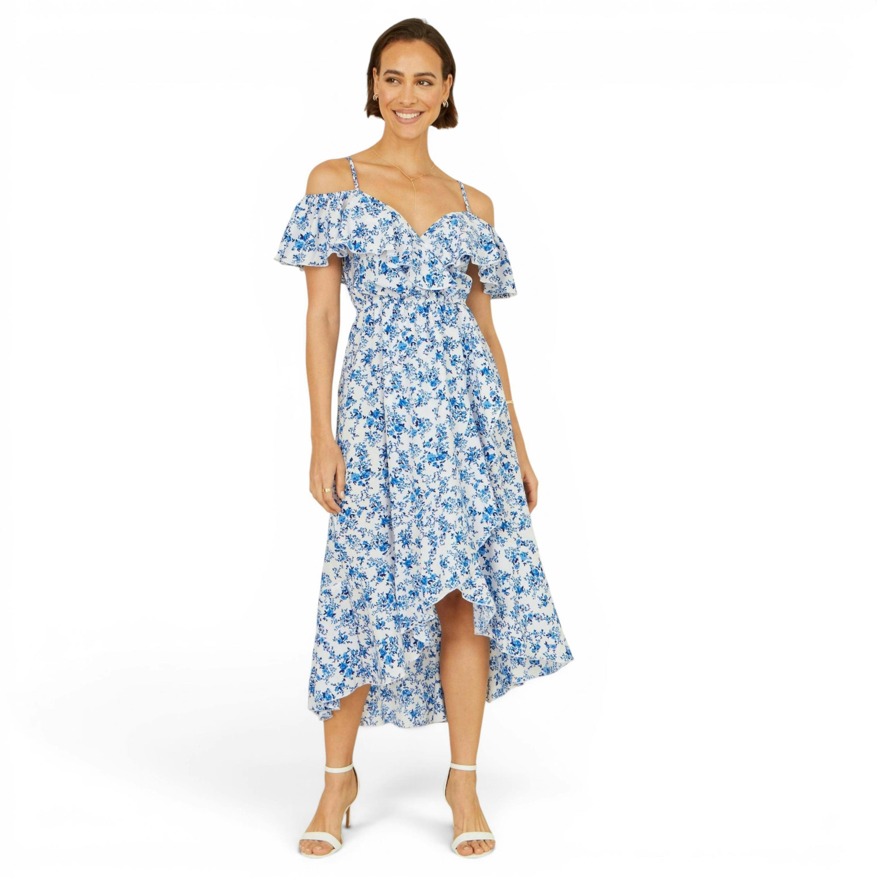 Yumi Blue Floral Print Bardot Midi Dress With Dip Hem , view 3 of 5