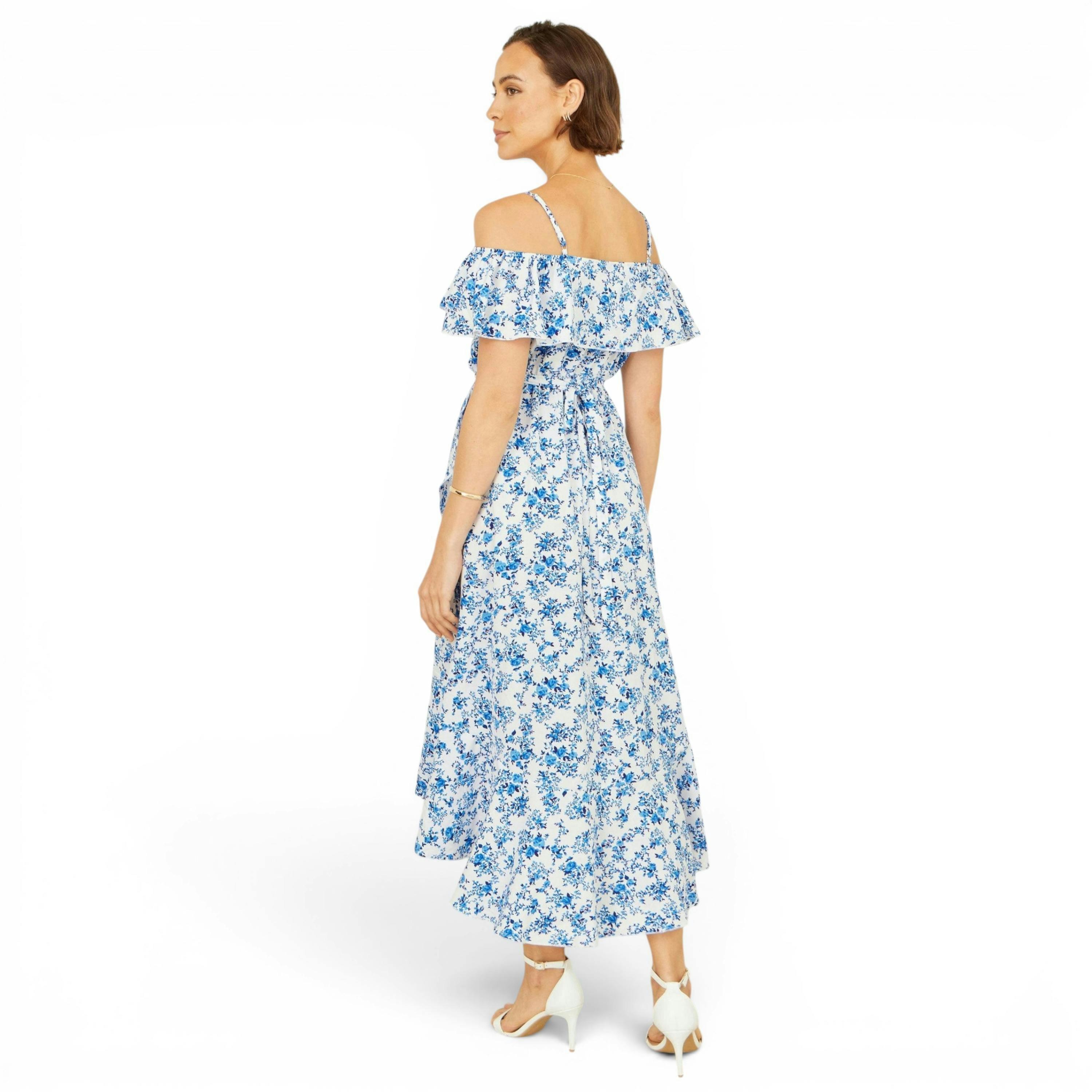 Yumi Blue Floral Print Bardot Midi Dress With Dip Hem , view 4 of 5