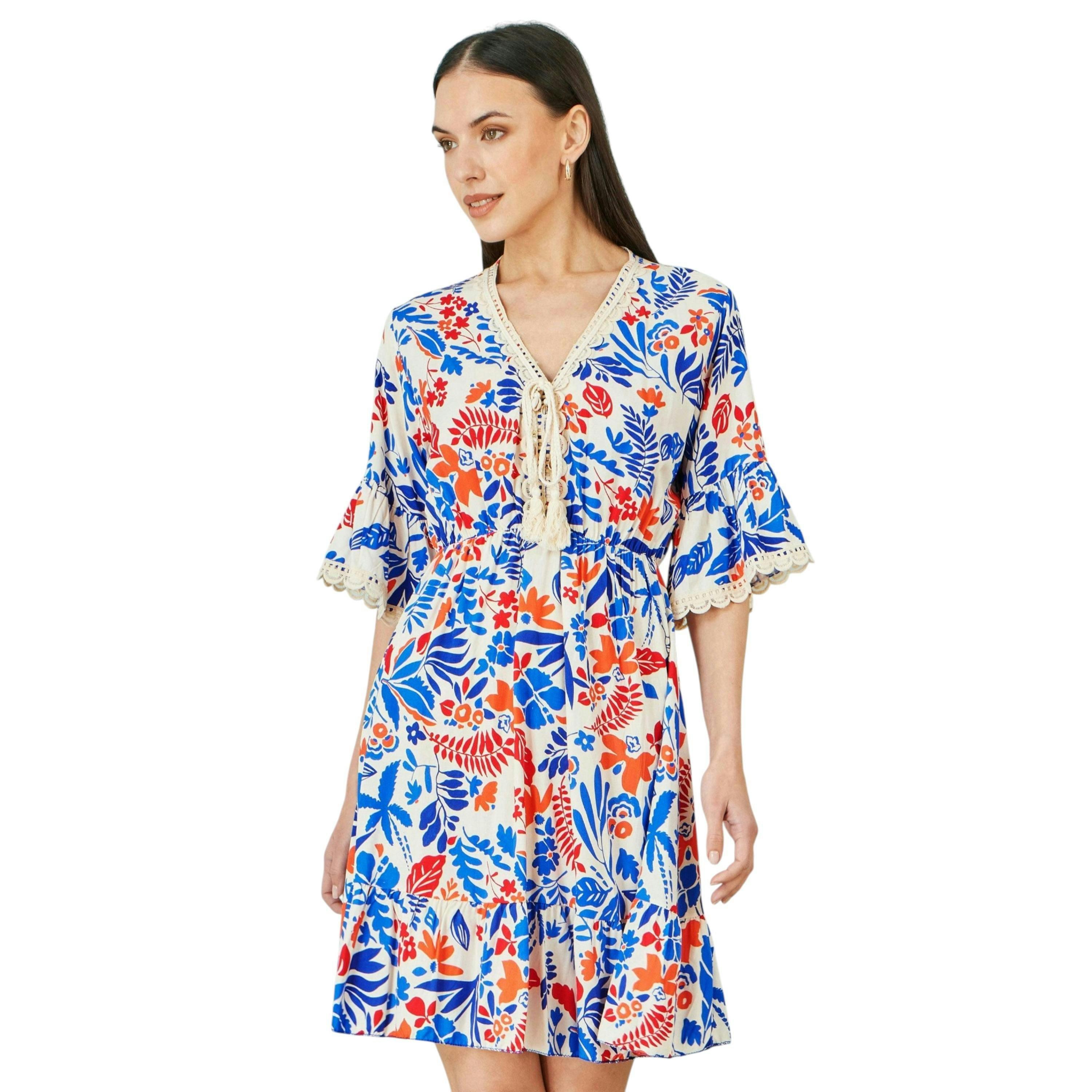 Yumi Multicolour Leaf Print Viscose Kimono Sleeve Tunic , view 1 of 6