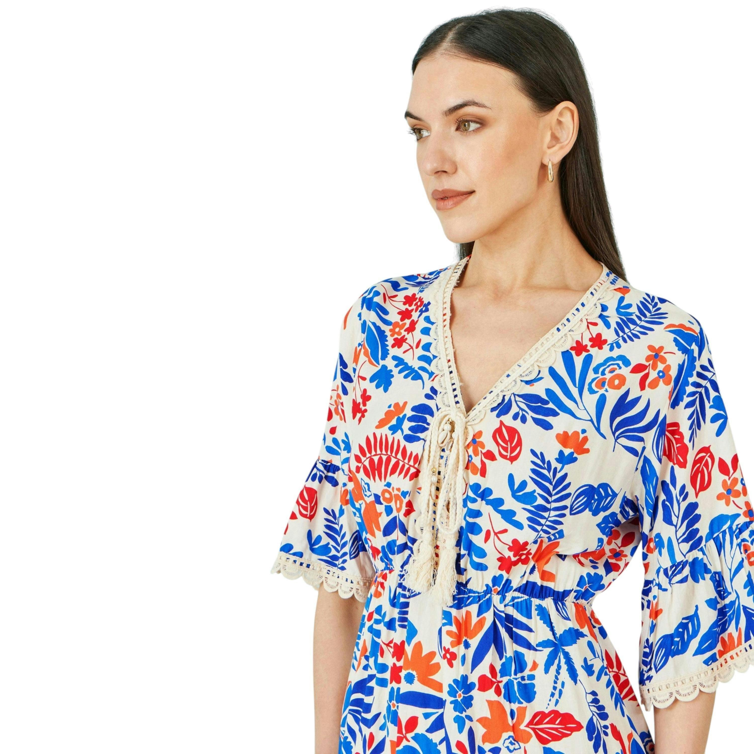 Yumi Multicolour Leaf Print Viscose Kimono Sleeve Tunic , view 2 of 6