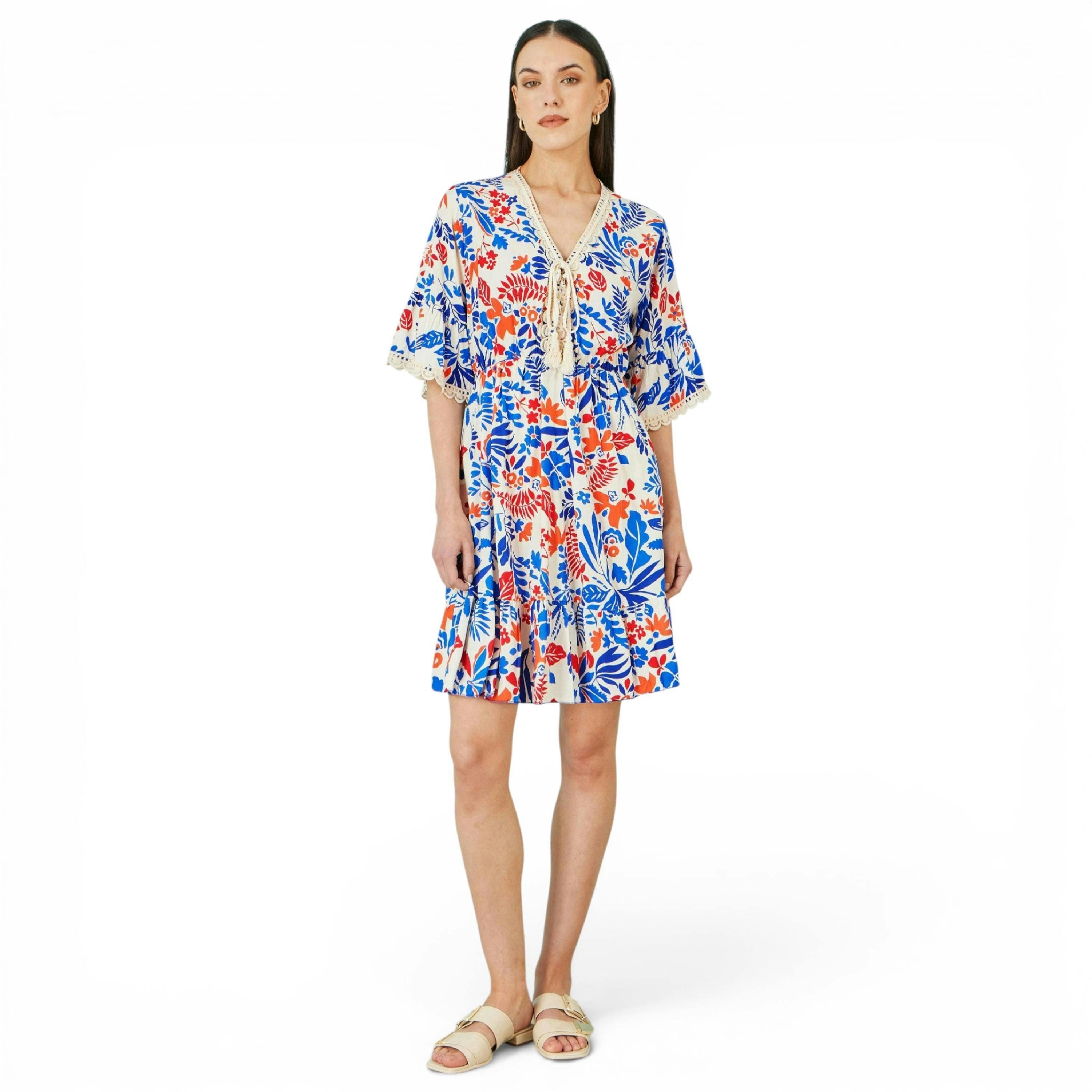 Yumi Multicolour Leaf Print Viscose Kimono Sleeve Tunic , view 3 of 6