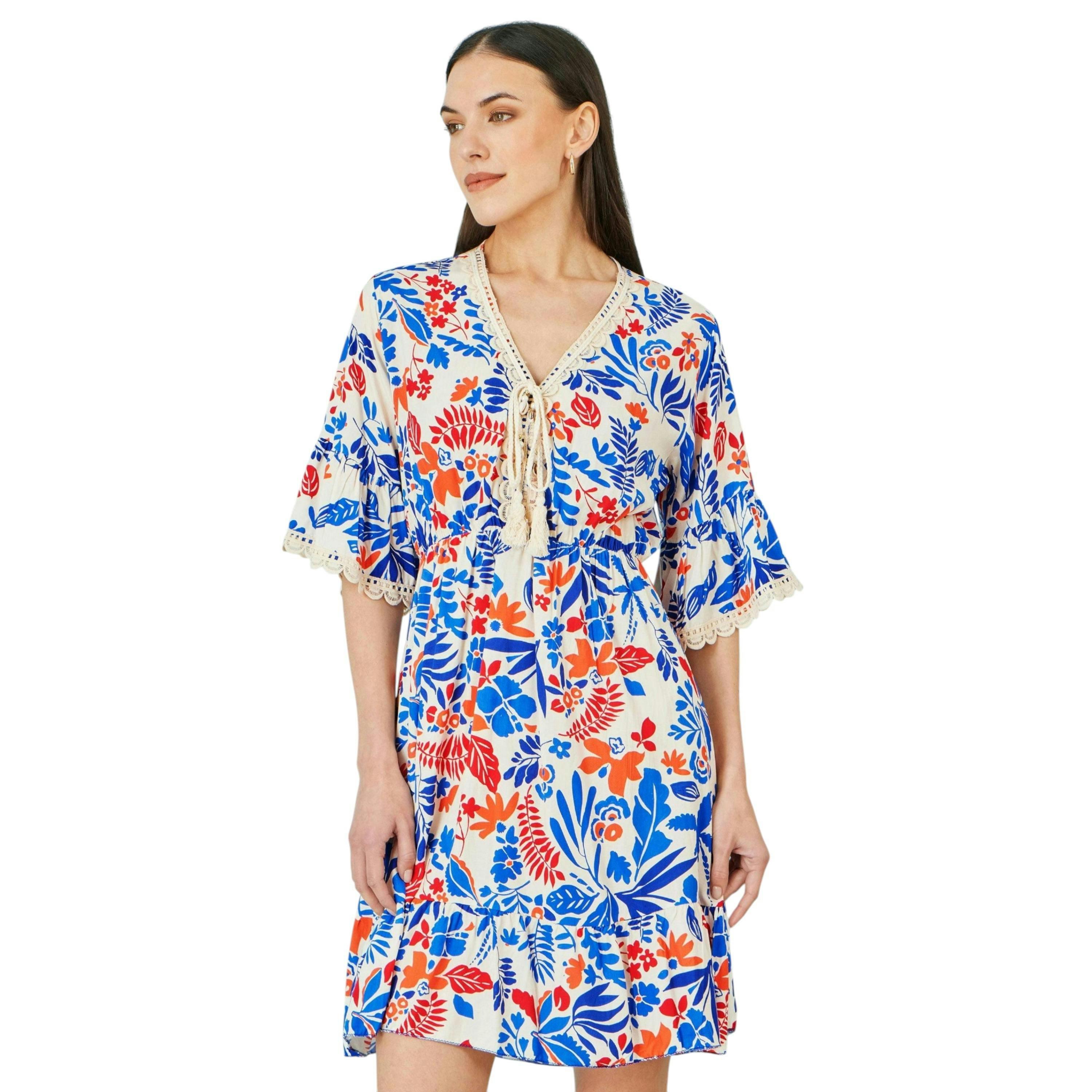Yumi Multicolour Leaf Print Viscose Kimono Sleeve Tunic , view 5 of 6