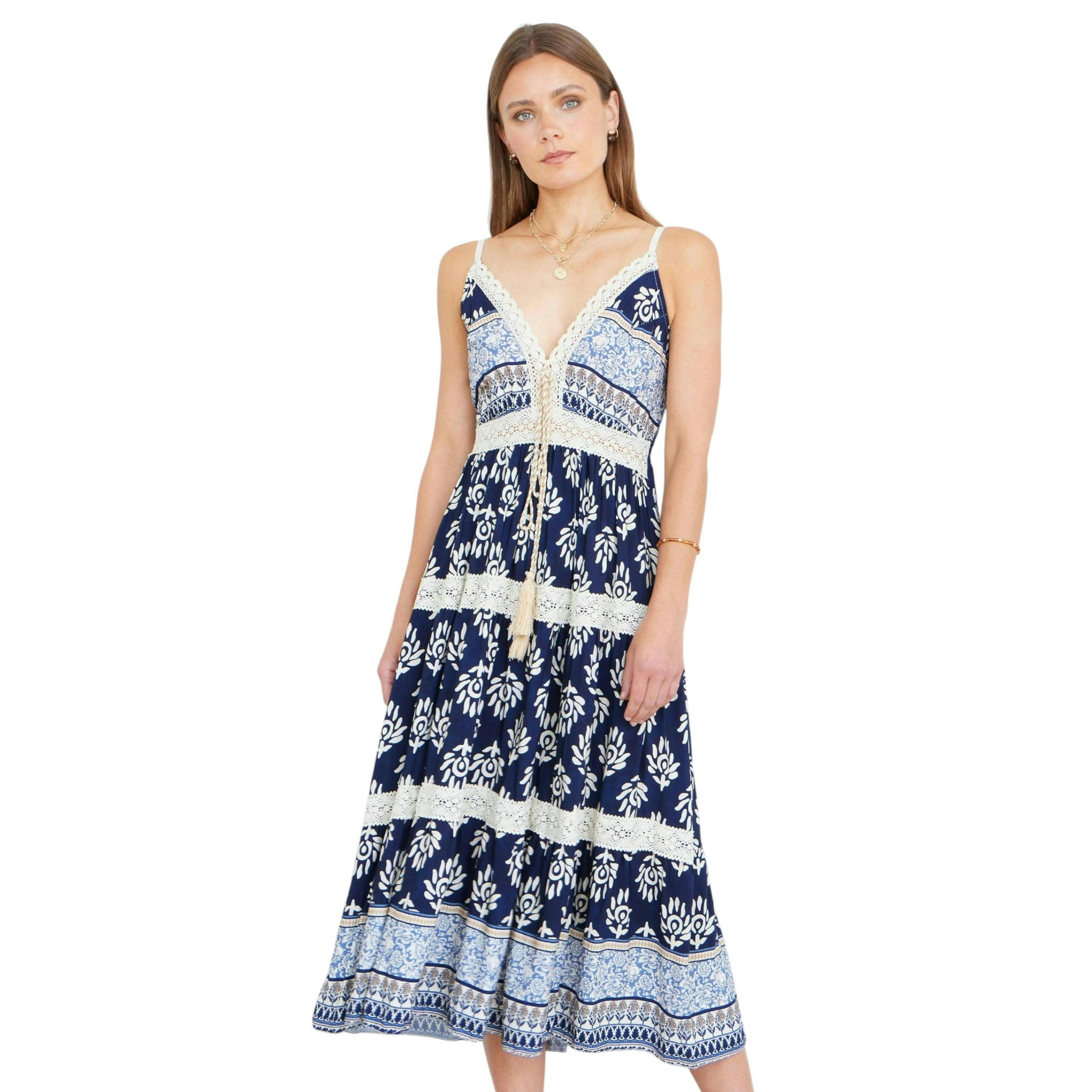 Yumi Navy Viscose Paisley Print Midi Sun Dress , view 1 of 6