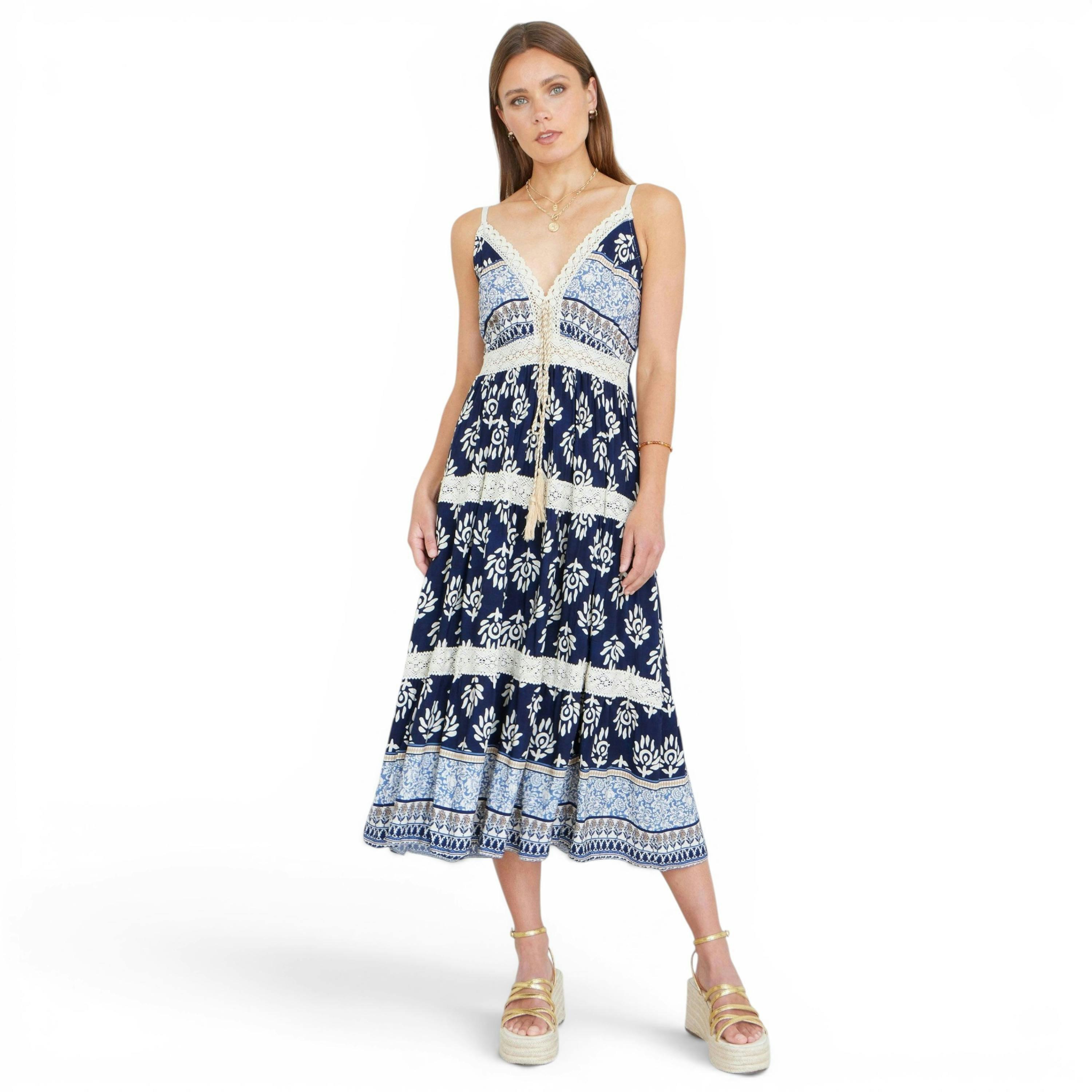 Yumi Navy Viscose Paisley Print Midi Sun Dress , view 3 of 6