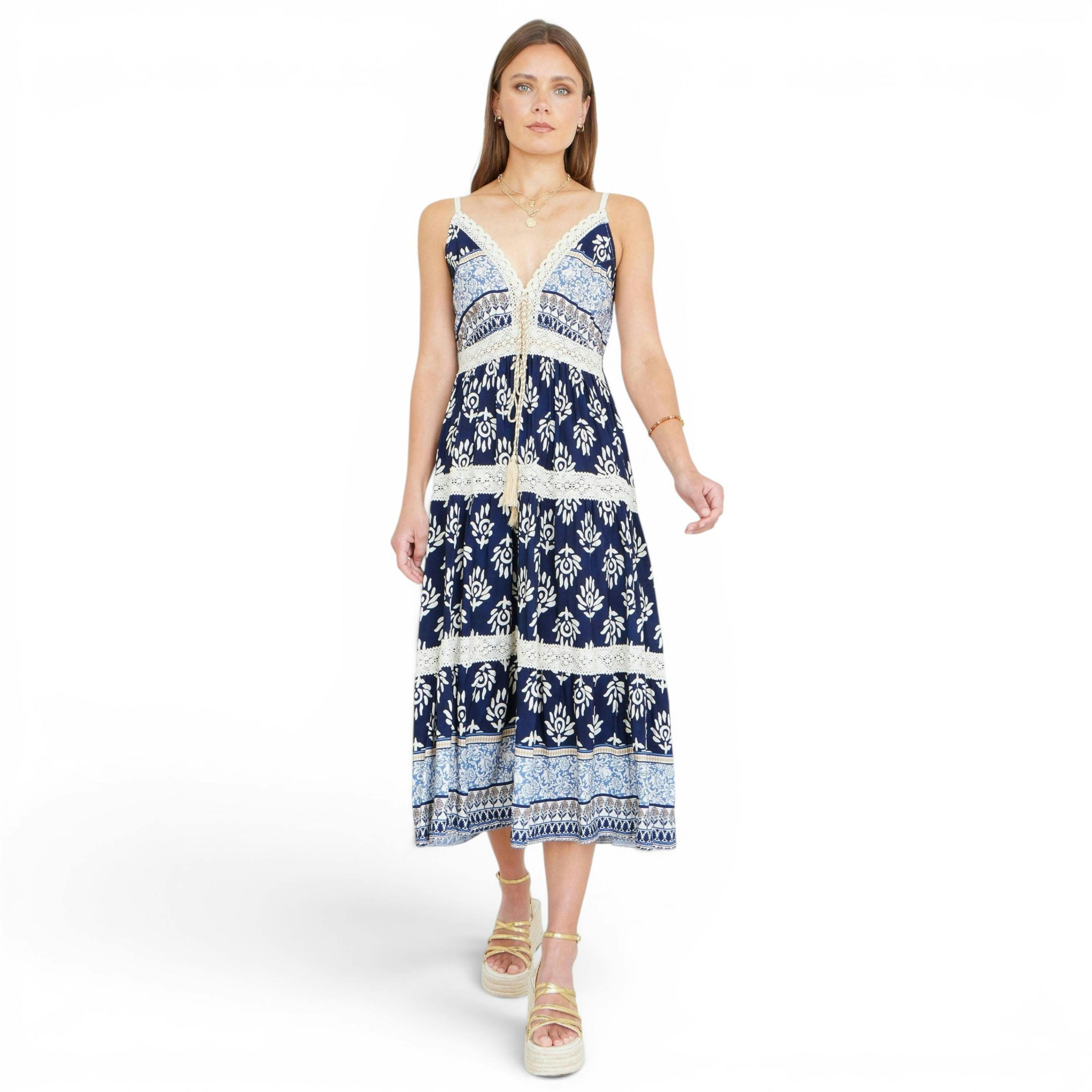 Yumi Navy Viscose Paisley Print Midi Sun Dress , view 5 of 6