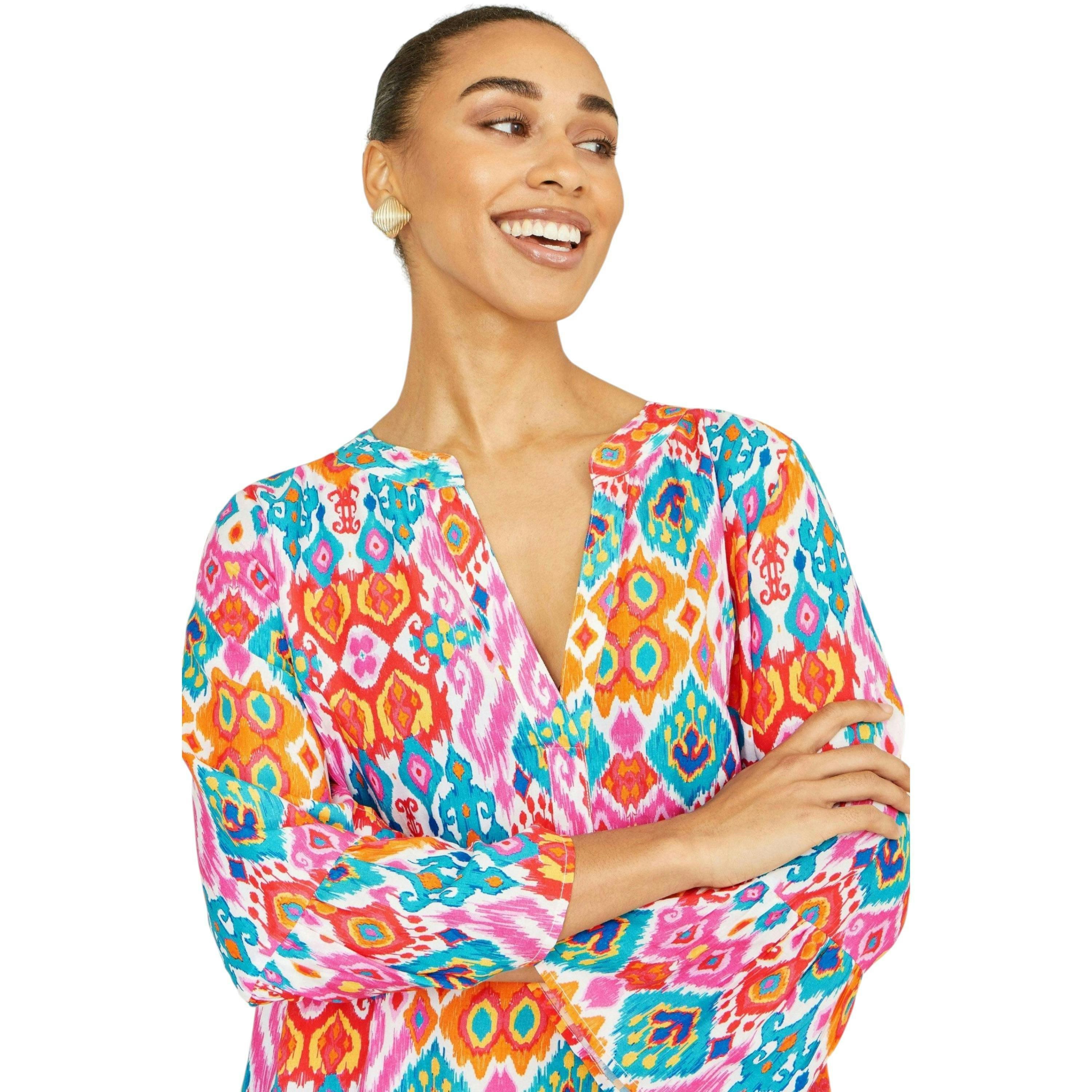 Yumi Multicolour Ikat Print Viscose Beach Tunic , view 2 of 6