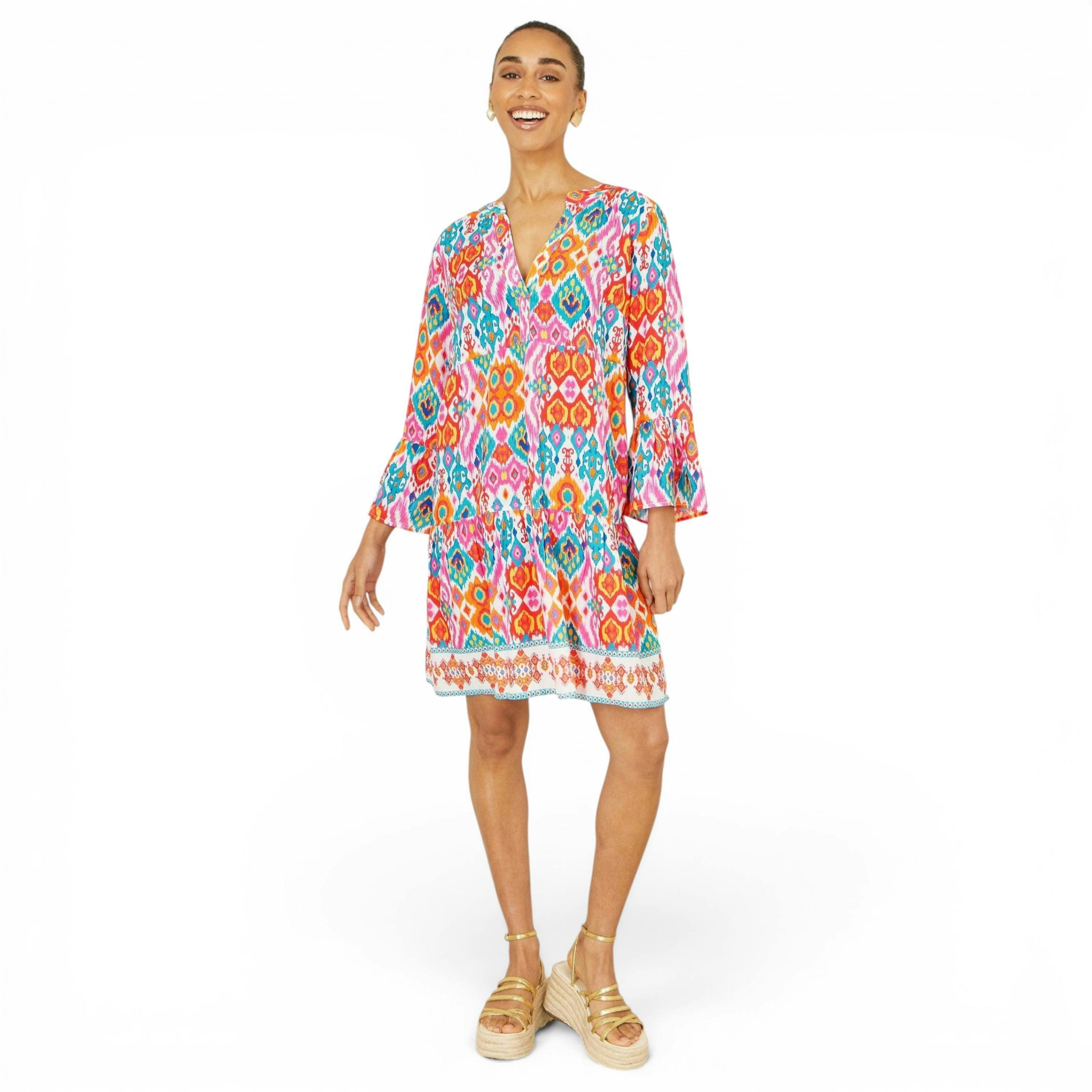 Yumi Multicolour Ikat Print Viscose Beach Tunic , view 3 of 6