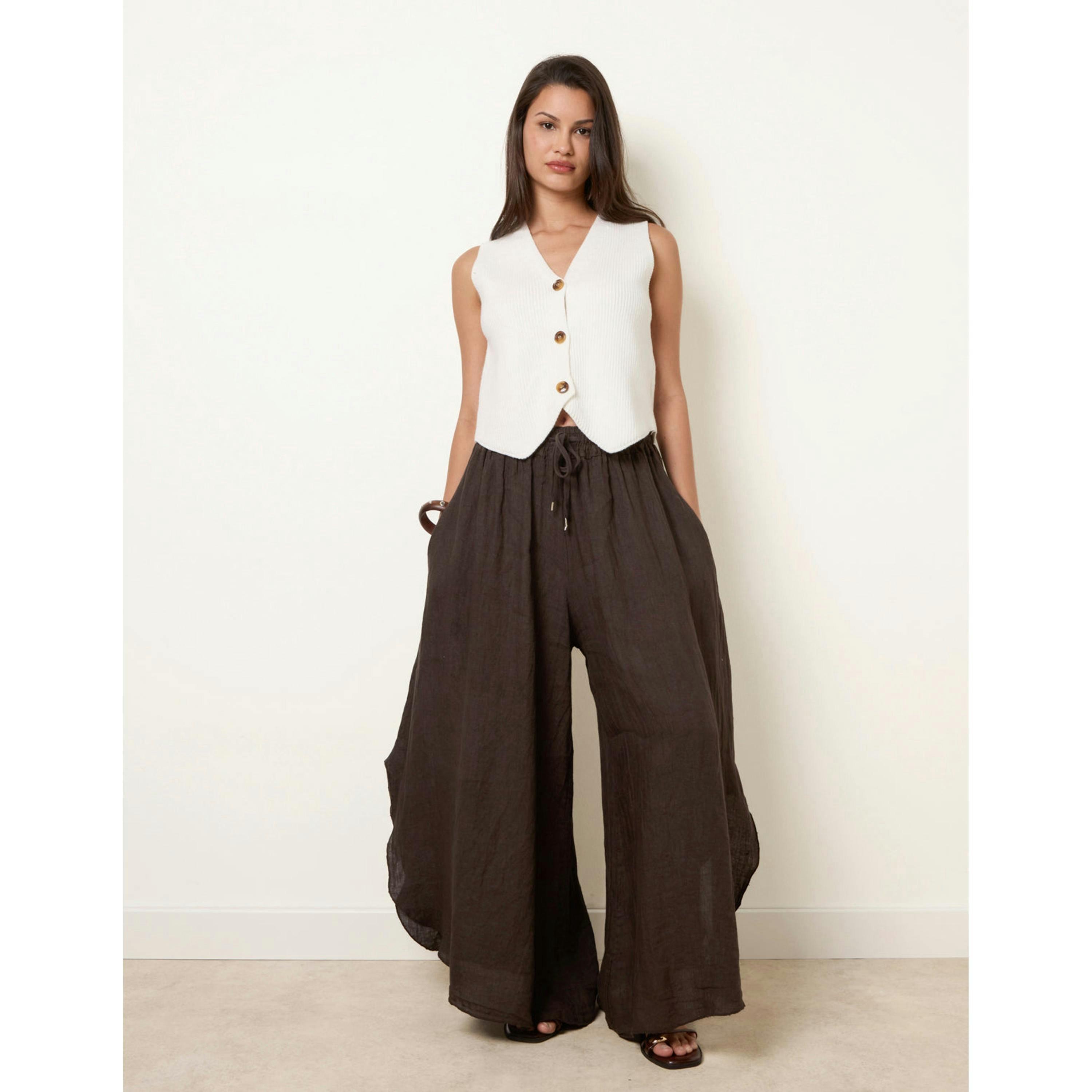 Blue Vanilla Extreme Wide Leg Linen Trousers  in Brown , view 1 of 4