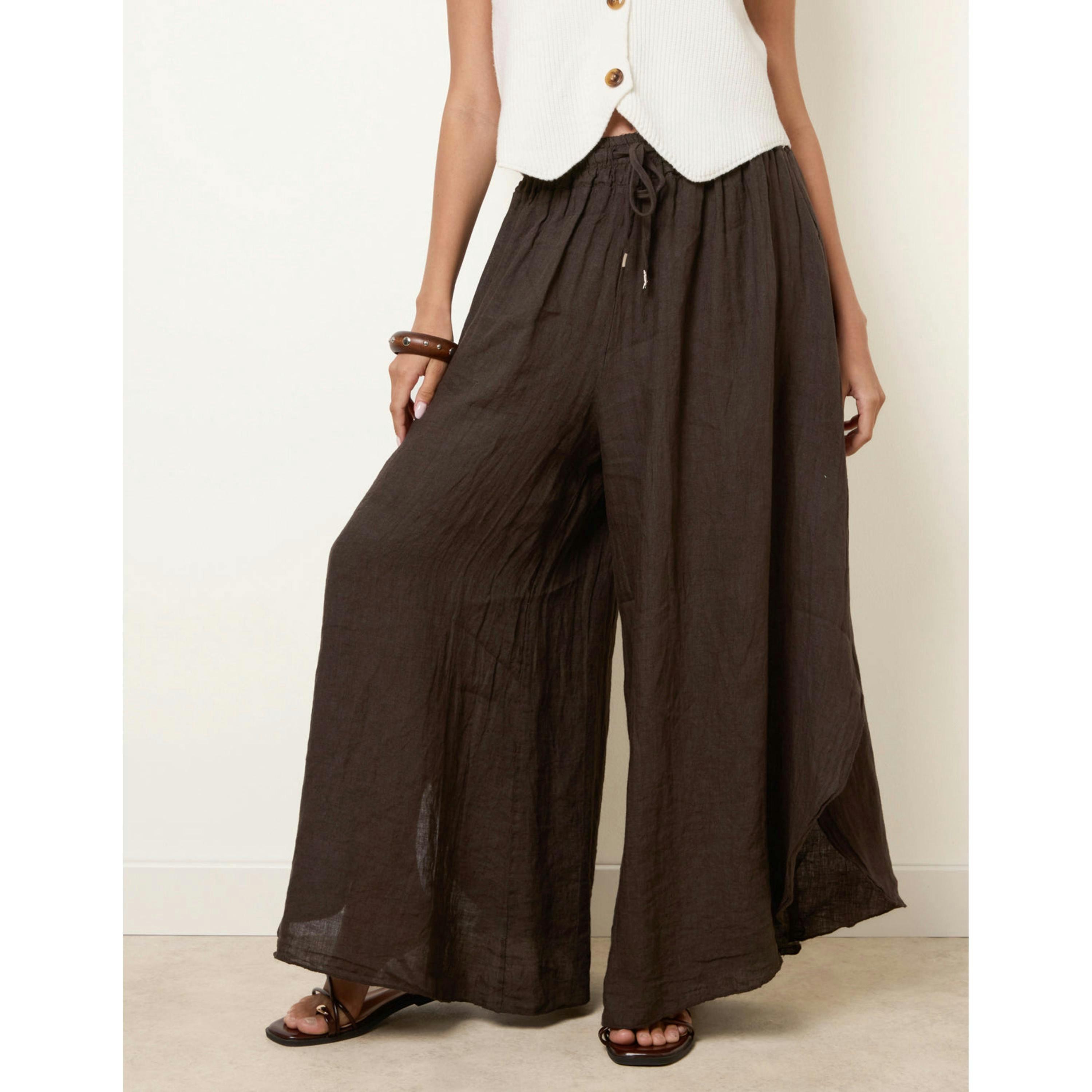 Blue Vanilla Extreme Wide Leg Linen Trousers  in Brown , view 3 of 4