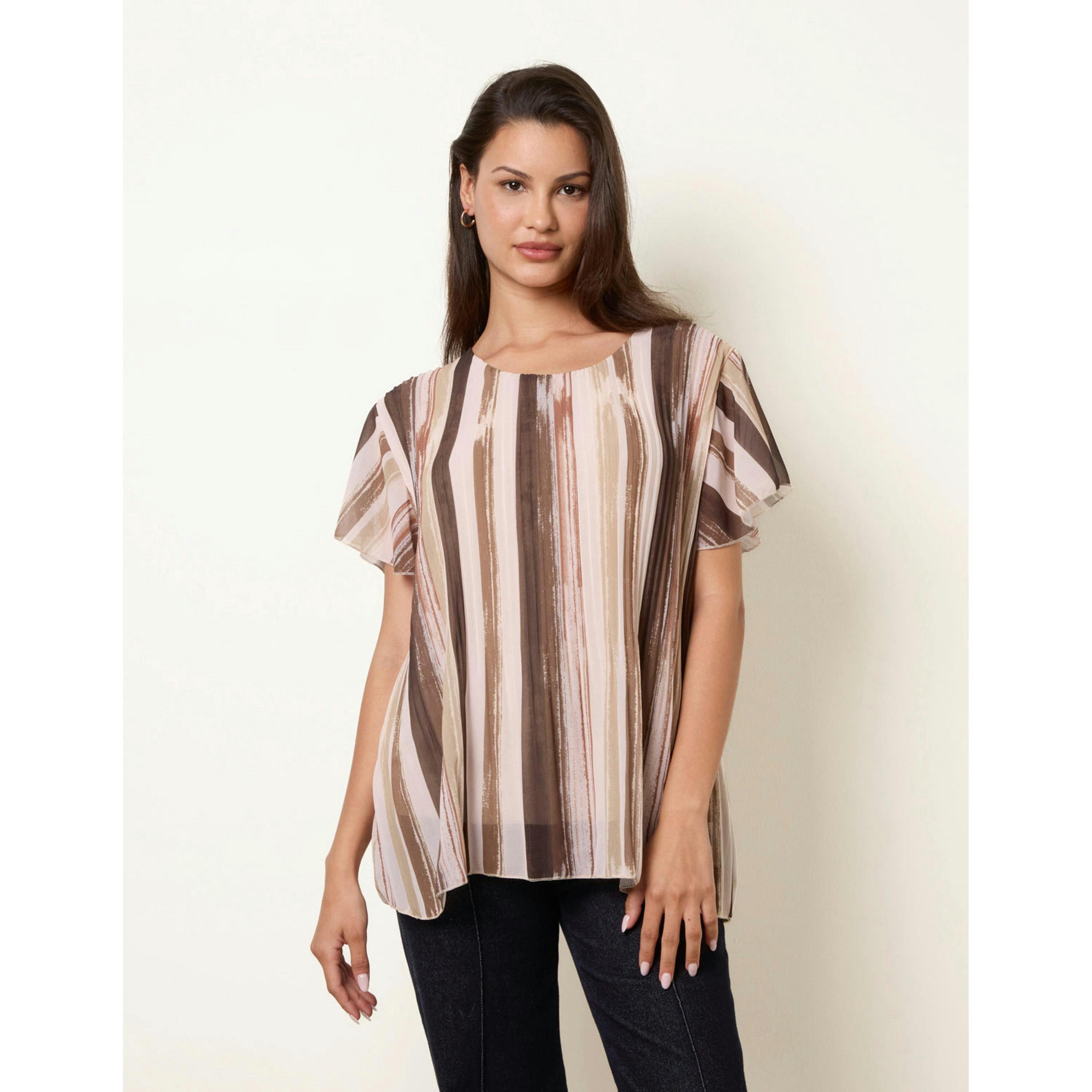 Blue Vanilla Short Sleeve Pleated Paint Top  in Beige , view 1 of 4