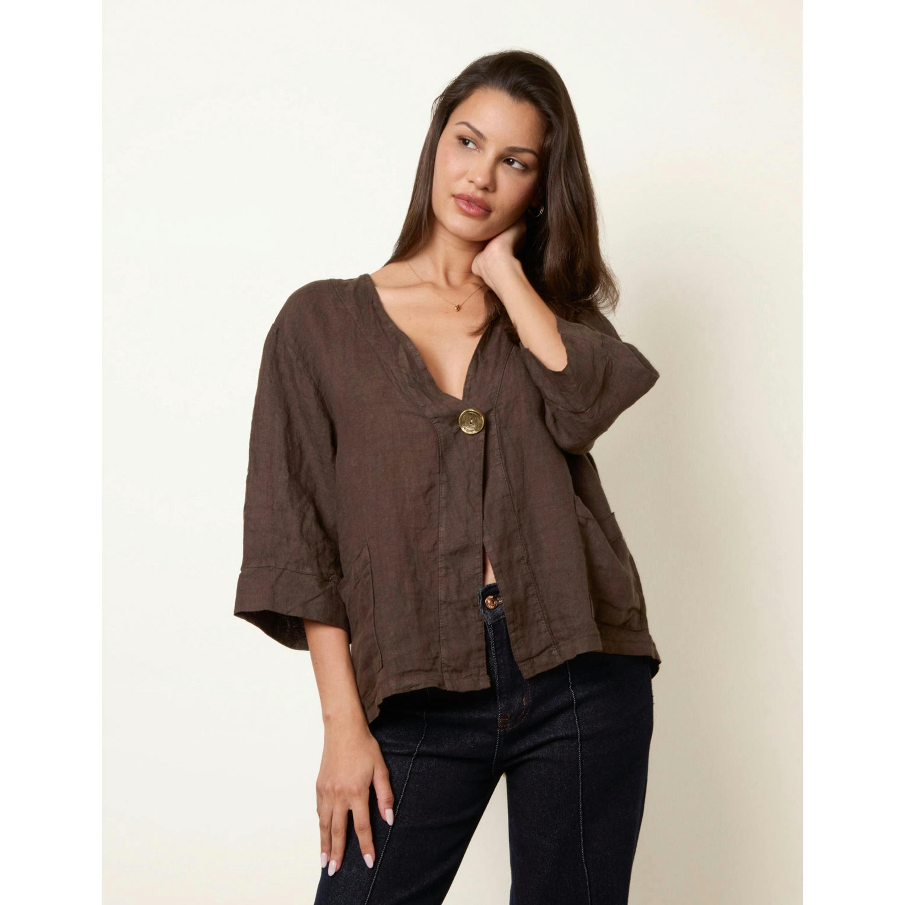 Blue Vanilla One Button Linen Blazer  in Brown , view 1 of 4