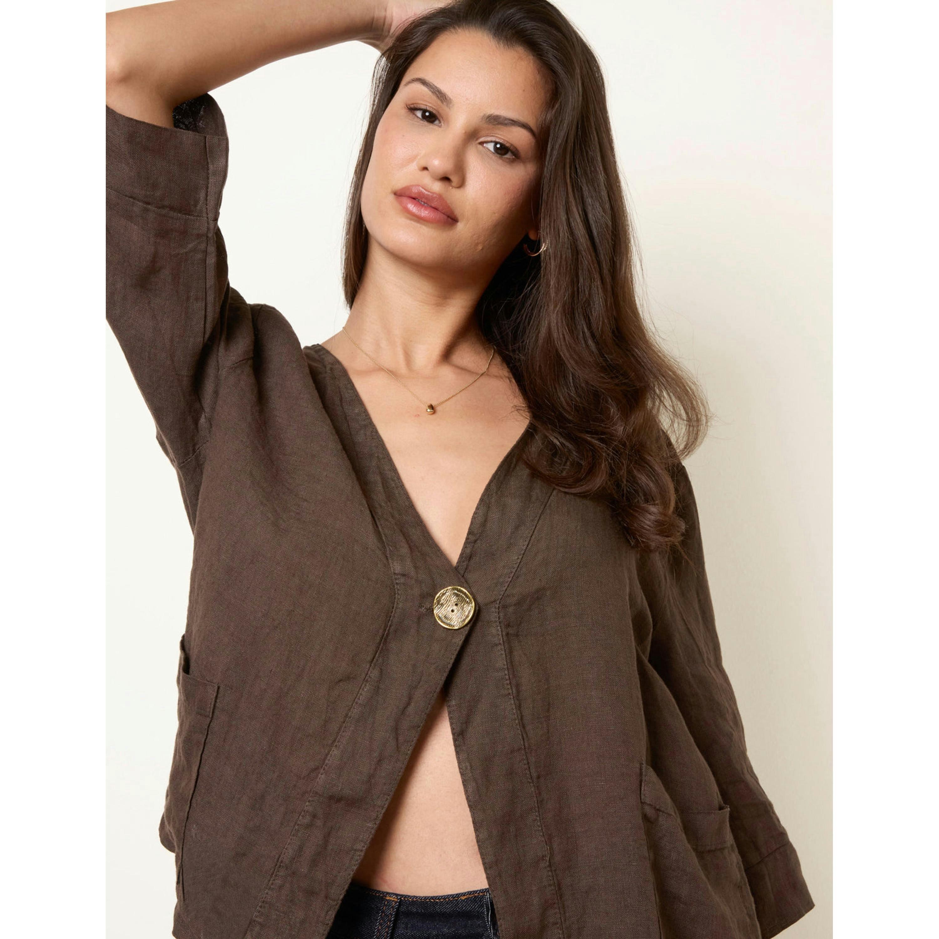 Blue Vanilla One Button Linen Blazer  in Brown , view 3 of 4