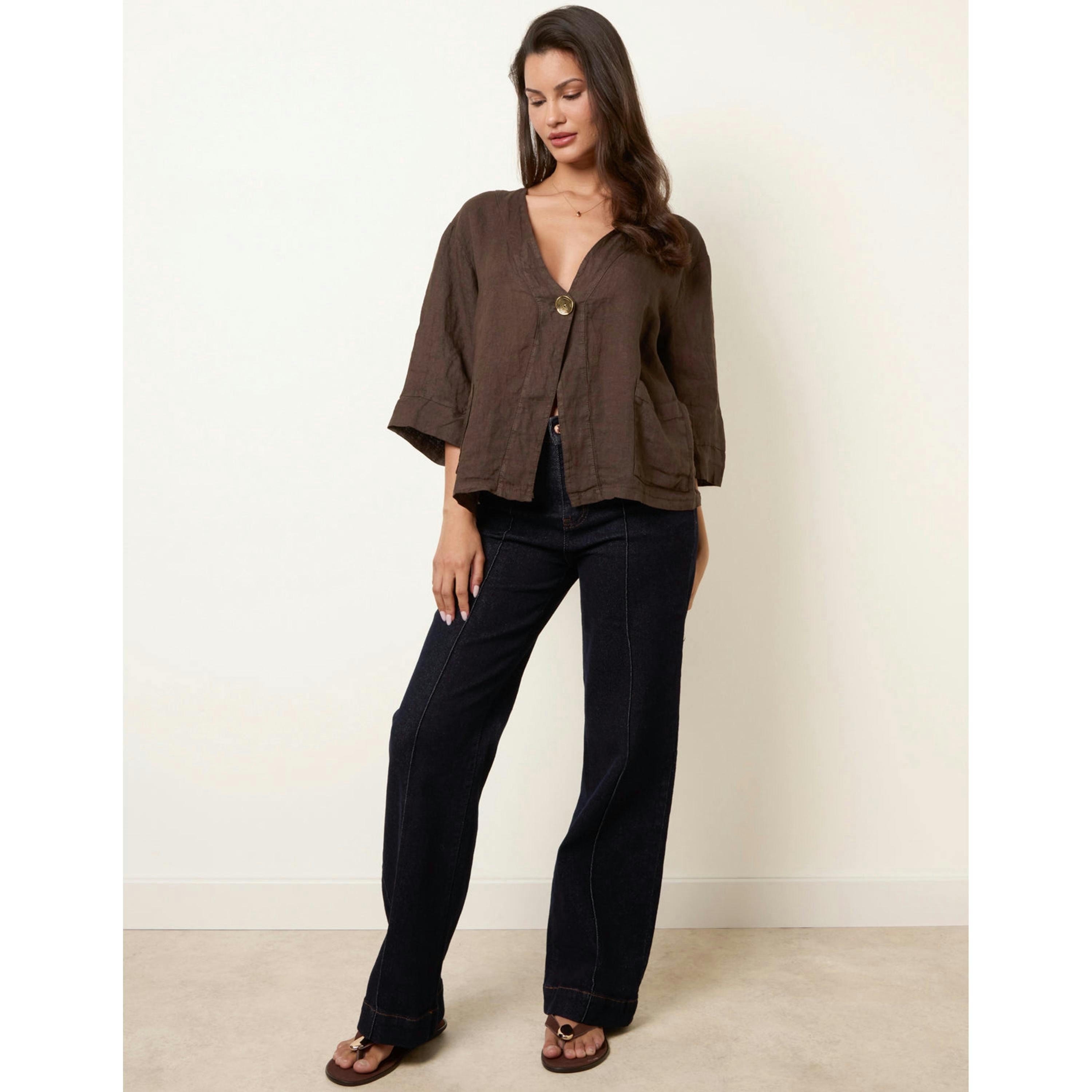 Blue Vanilla One Button Linen Blazer  in Brown , view 4 of 4