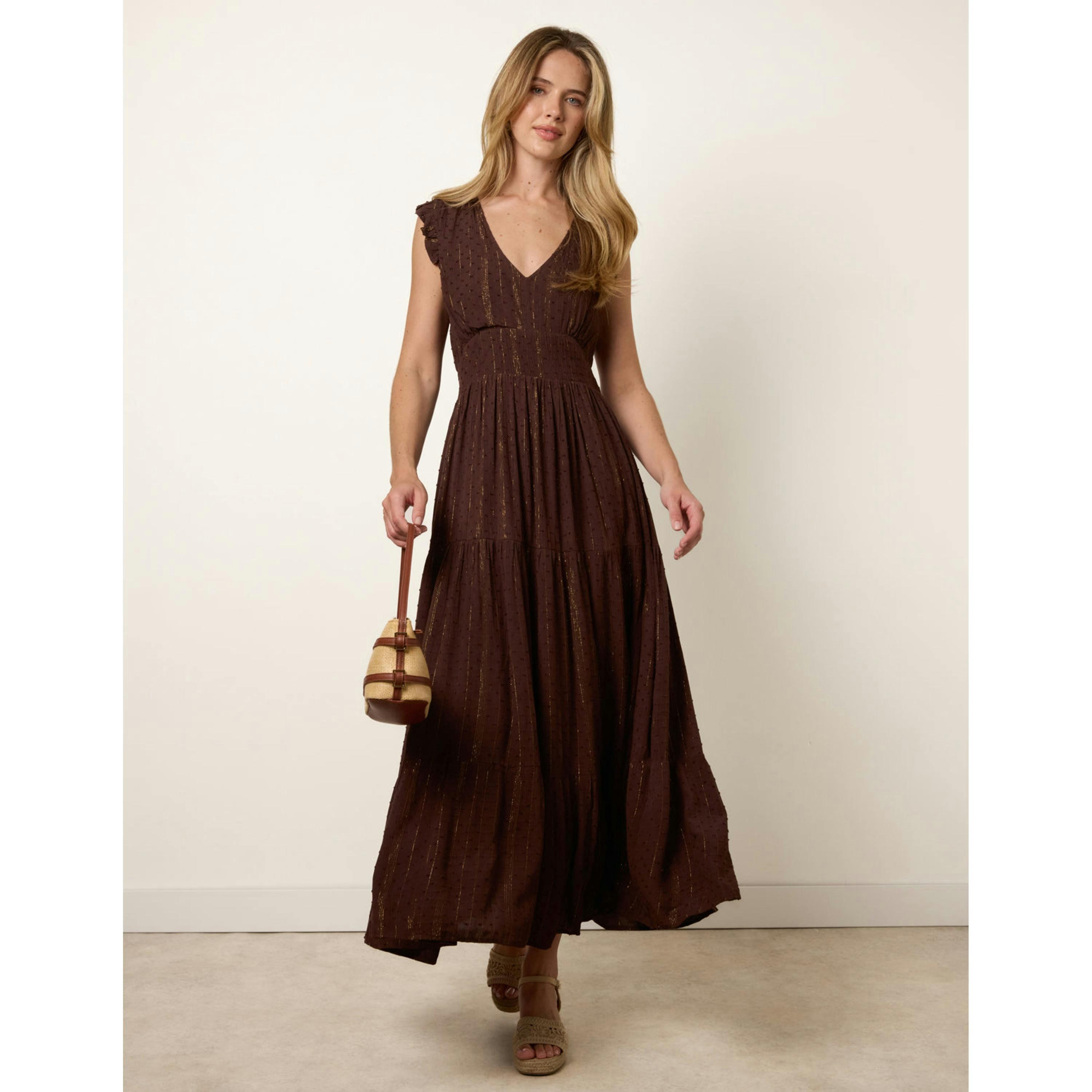 Blue Vanilla V Neck Tiered Midi Dress  in Brown , view 1 of 4