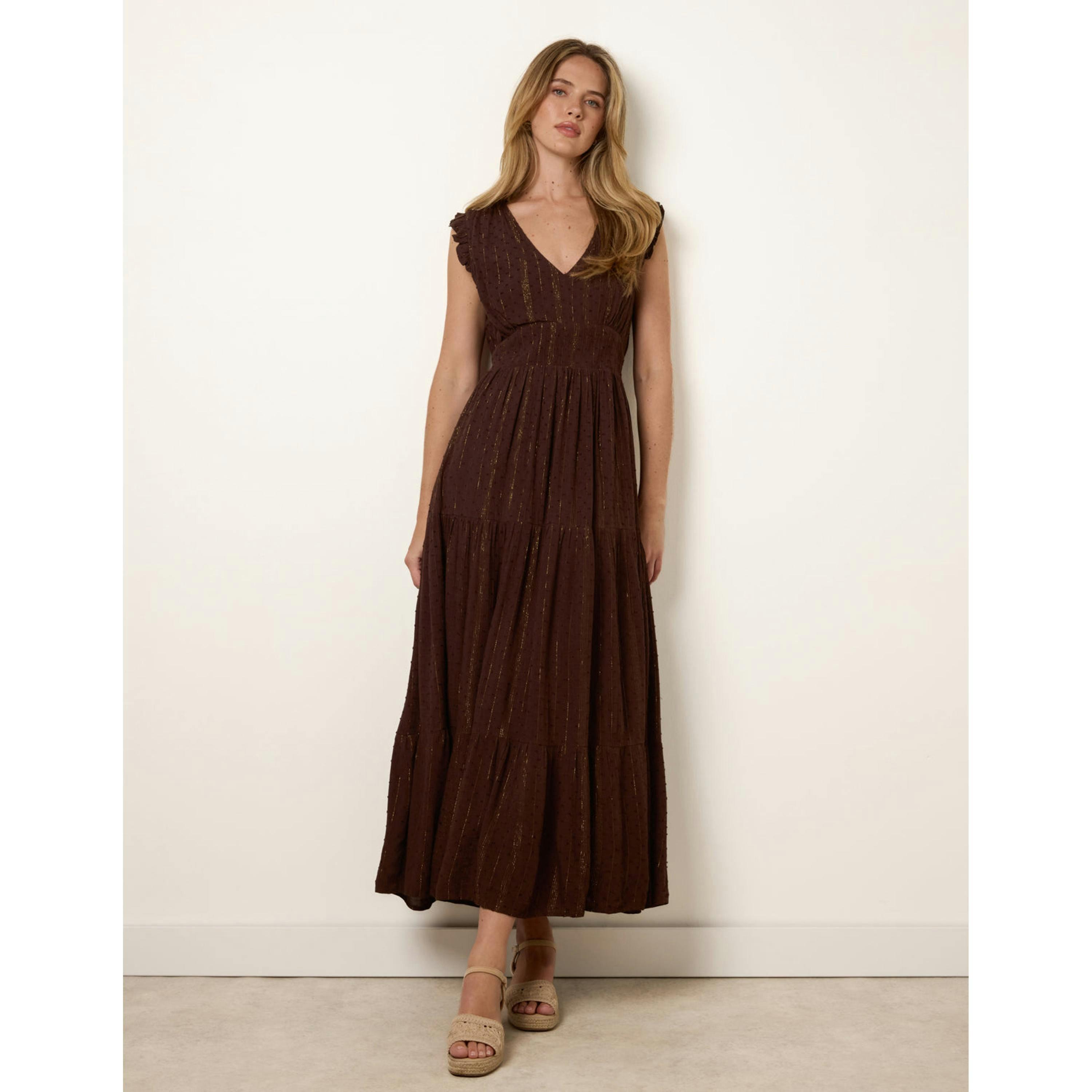 Blue Vanilla V Neck Tiered Midi Dress  in Brown , view 3 of 4