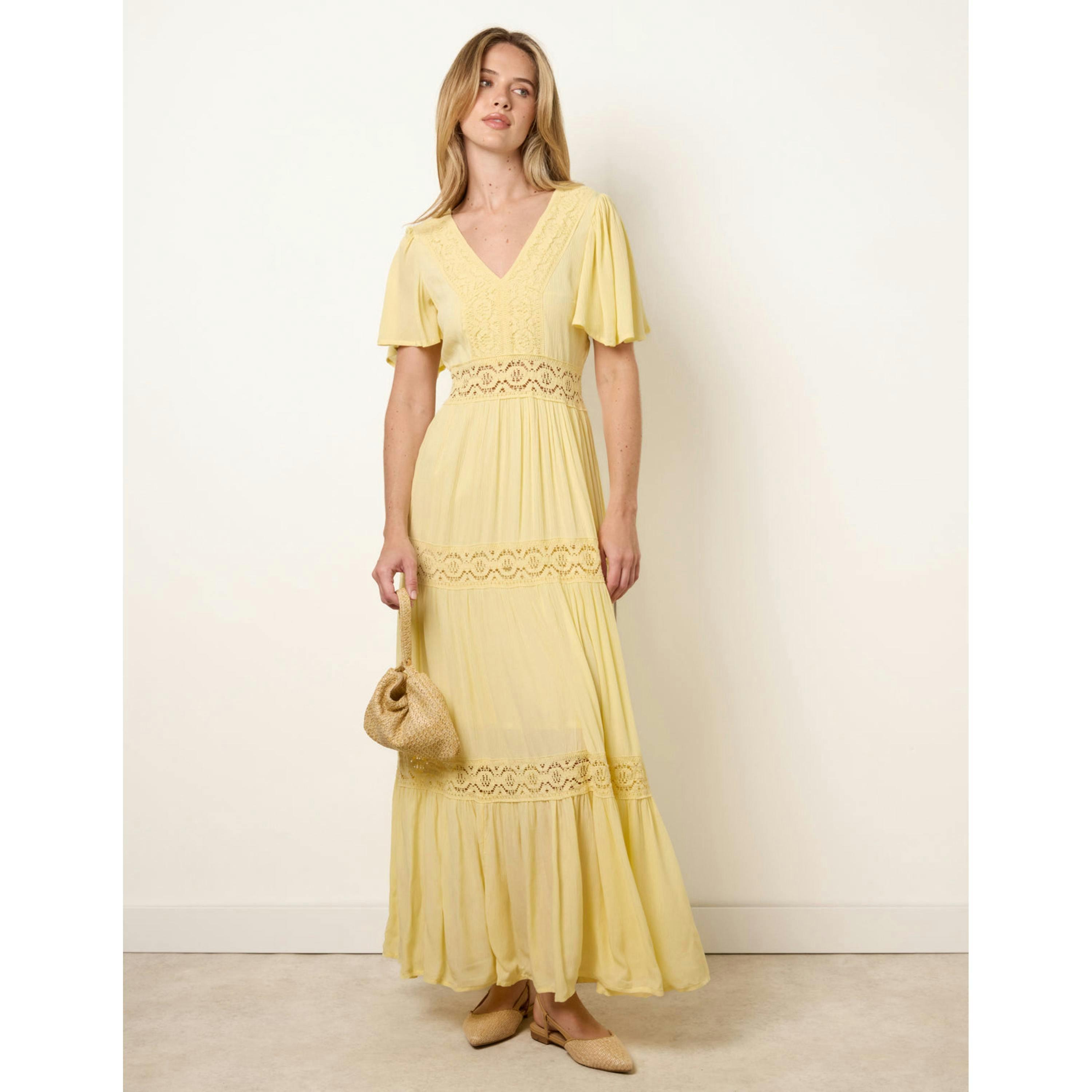 Blue Vanilla V-Neck Tiered Crochet Detail Maxi Dress  in Yellow , view 1 of 4