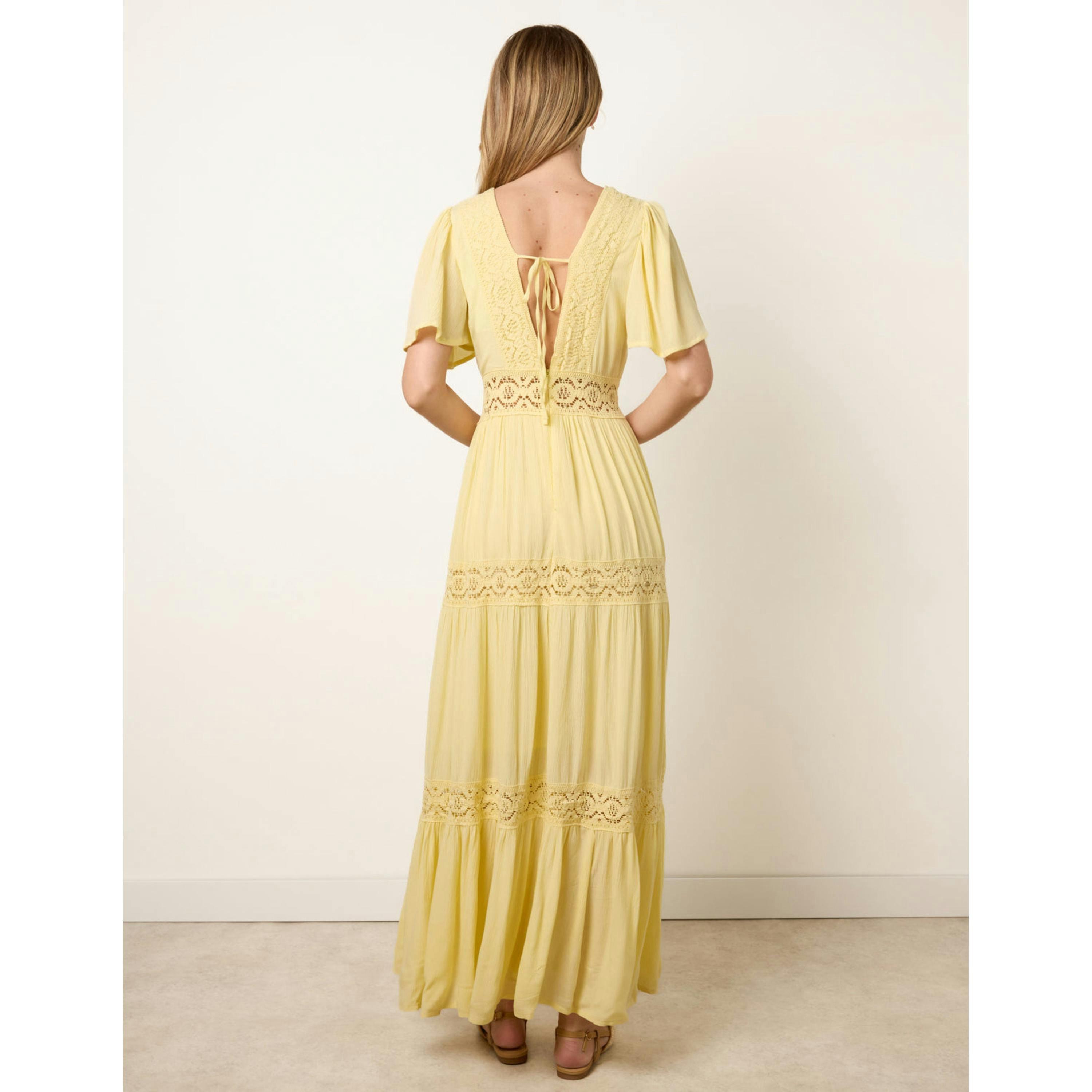 Blue Vanilla V-Neck Tiered Crochet Detail Maxi Dress  in Yellow , view 2 of 4